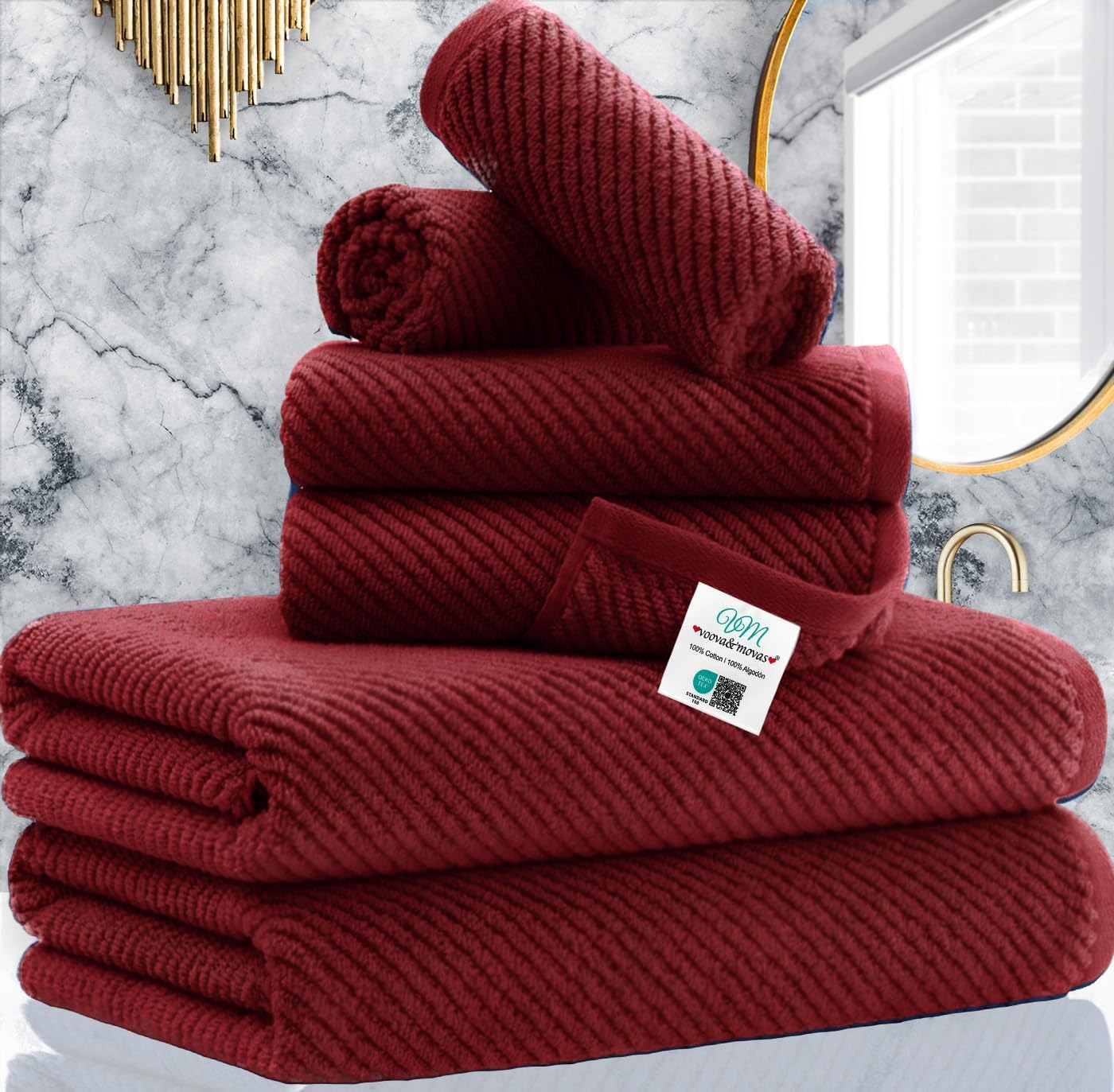 VOOVA & MOVAS Burgundy Towel Set - 100% Cotton | Lightweight | Soft | Quick Dry, 6 Piece Towel Set,2 Large Bath 30"x56", 2 Hand 18"x28", 2 Washcloths 13"x13", Towels Gift Set, Red Towels