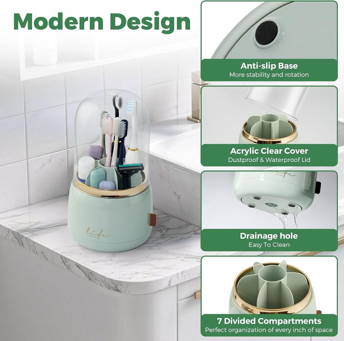 Toothbrush Holders for Bathrooms, Rotating 7 Slots Toothbrush Holder with Cover, Kids Electric Toothbrush and Toothpaste Holders for Caddy for Bathroom Vanity, Sink, Countertop, Light Green