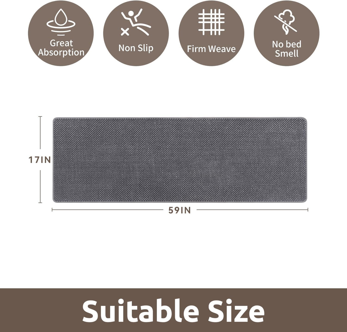 AMOAMI Chenille Bath Mat Super Absorbent Bathroom Mat Quick Dry Low Pile Bath Mats for Bathroom Washable Rubber Backed Bathroom Runners Fit Under Door, Front of Bathtub, Darkgrey&LIGHTGREY 17"x59"
