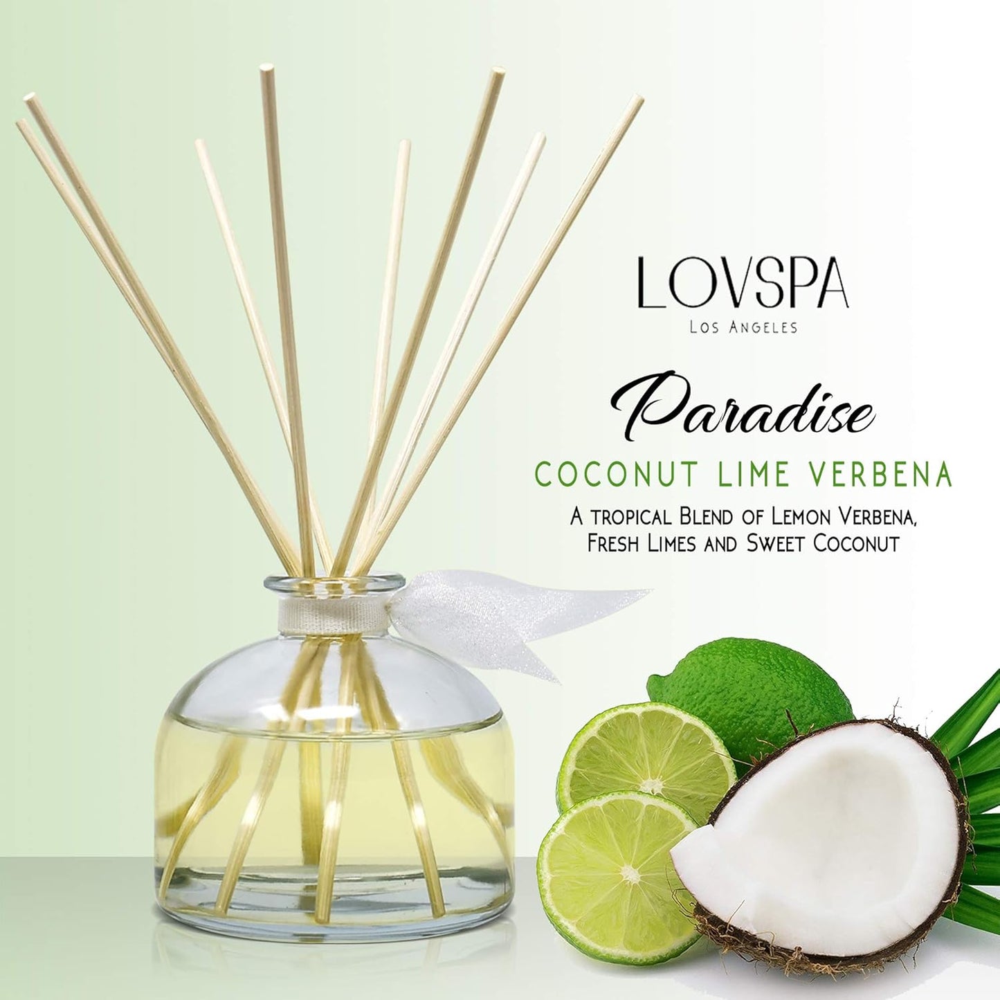 LOVSPA Reed Diffuser Set, Paradise Coconut Lime Verbena Scented Oil Diffuser with Sticks, Home Fragrance Accessories for Bathroom Shelf Decor, Aroma Diffusers for Home or Office Desk, USA Made