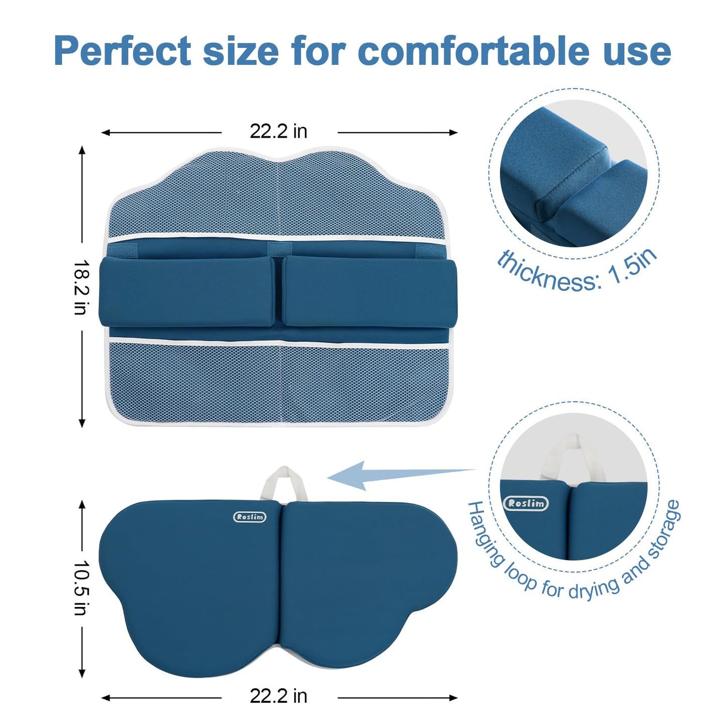 Roslim Bath Kneeler and Elbow Rest Pad Set - Non-Slip Knee& Arm Support Bathtub Mat with Organizer Pockets, Quick Drying, Foldable, Non-Slip Kneeling Pad for Parents, Blue