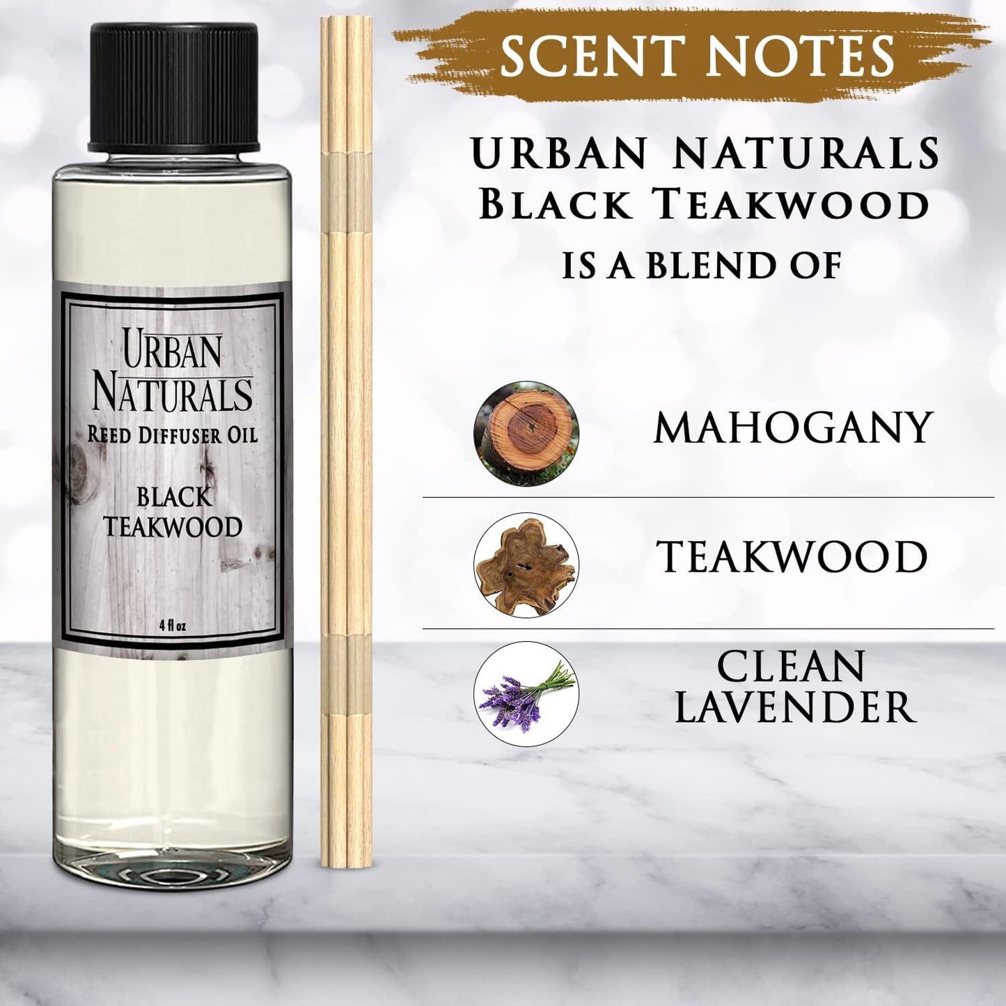 Urban Naturals Black Teakwood Reed Diffuser Oil and Sticks Set Refill | Includes a Free Set of Reed Sticks! Fresh Herbs, Birch, Pear, Sage & Amber Fragrance Notes | 4 oz.