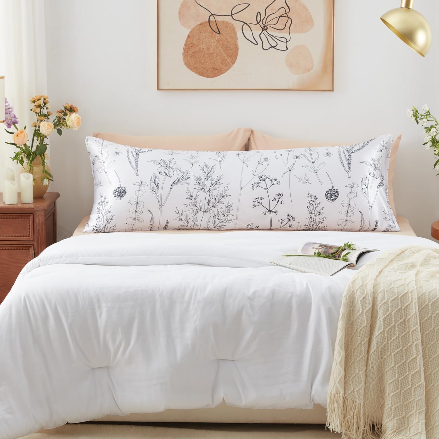 EXQ Home Satin Body Pillow Pillowcase Super Soft Silk Pillowcase, Body Pillow Cover with Envelope Closure Flowers with White Background (20"x54")