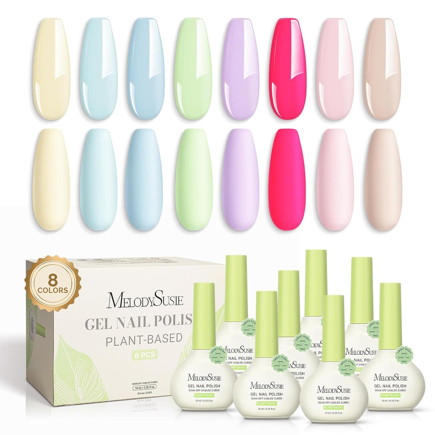 MelodySusie Plant Based Gel Nail Polish Set,Spring and Summer Macaron Colors,Hema Free,Soak Off UV LED Gel Polish Nail Art Manicure Salon DIY at Home 8Pcs 10ml/0.34 fl oz