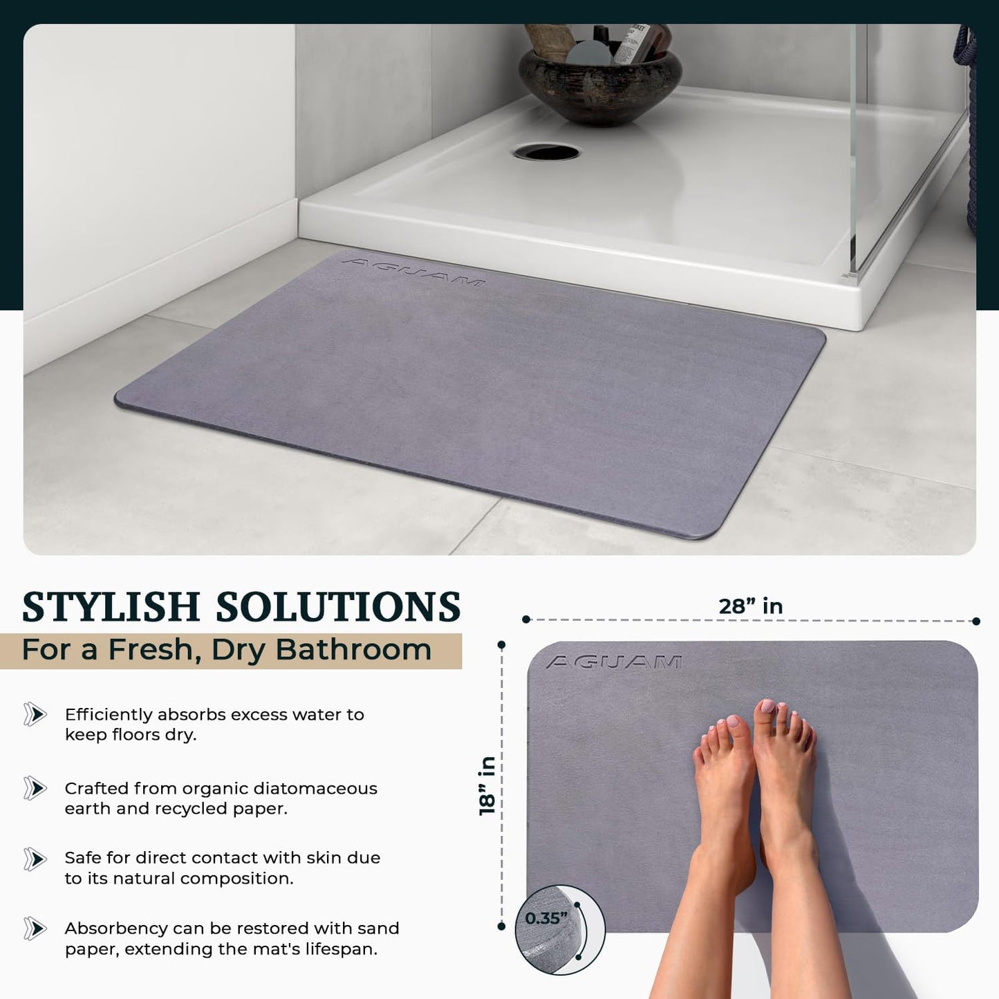 28" x 18" Diatomaceous Earth Shower Non Slip Stone Bath Mat | Quick Dry Super Absorbent Large Mats for Kitchen | Anti-Slip Fast Drying Water Absorbing Stone Bath Mats for Bathroom | Solid Gray