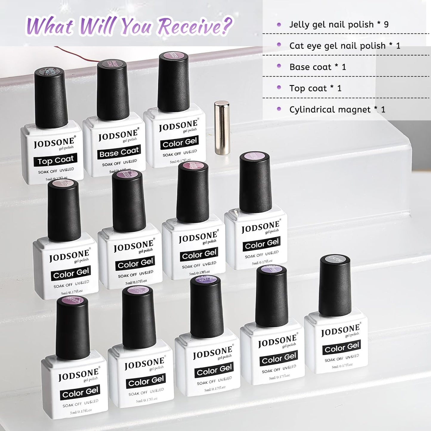 JODSONE 9 PCS Purple Jelly Colors Gel Set Base Coat Top Coat Elegant and Sweet Nail Art Gift DIY at Home