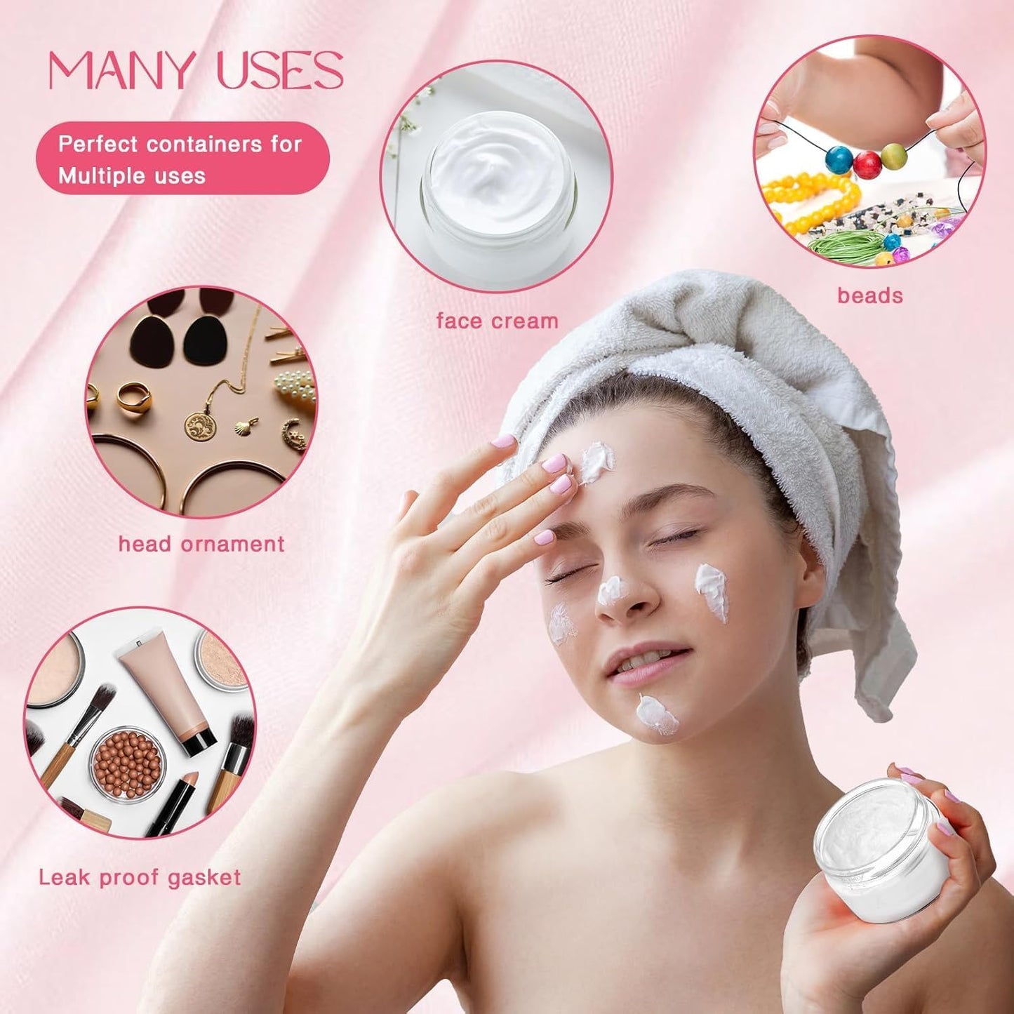 SATINIOR 12 Pack 1 oz Plastic Container Jars with Lids Round Clear Travel Cosmetic Container Slime Jars for Toiletries, Lotion, Cream, Ointments, Makeup, Rhinestone, Samples, Kitchen Storage(Pink)