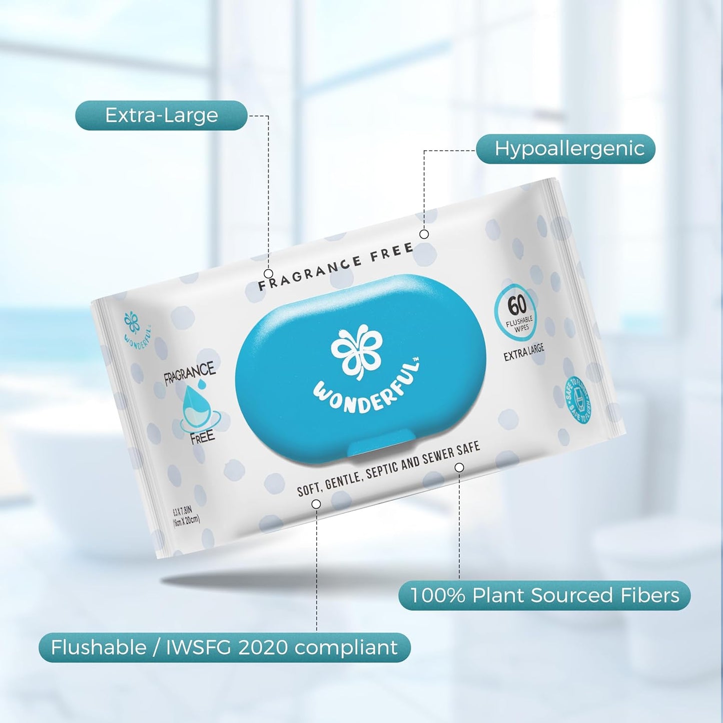 WONDERFUL Flushable Butt Wipes, Unscented 100% Plant-Based Wet Wipes for Adults & Kids, Sewer & Septic Safe, Gentle for Sensitive Skin, Wipes Flushable Pack for Bathroom & Travel, 1-Pack (60 Wipes)