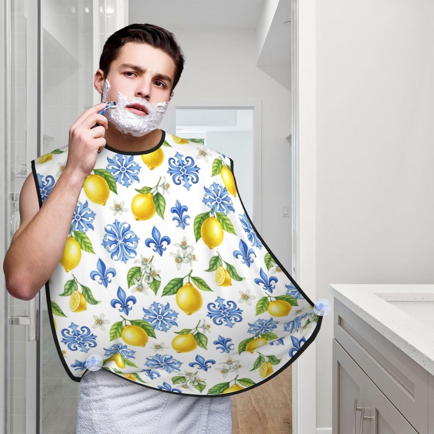 Adjustable Non-Stick Beard Apron, Hair Catcher Cape for Shaving Grooming, Waterproof with Suction Cups Men, Watercolor Blue White Flowers Lemon Tree Leaf Floral Shave Bib