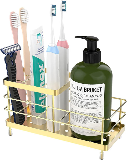 Luxspire Toothbrush Holders, 6 Slots Stainless Steel Tooth Brush Holder with Drainage, Toothbrush Holder for Bathroom Countertop & Kitchen Sink, Bathroom Accessories, Gold