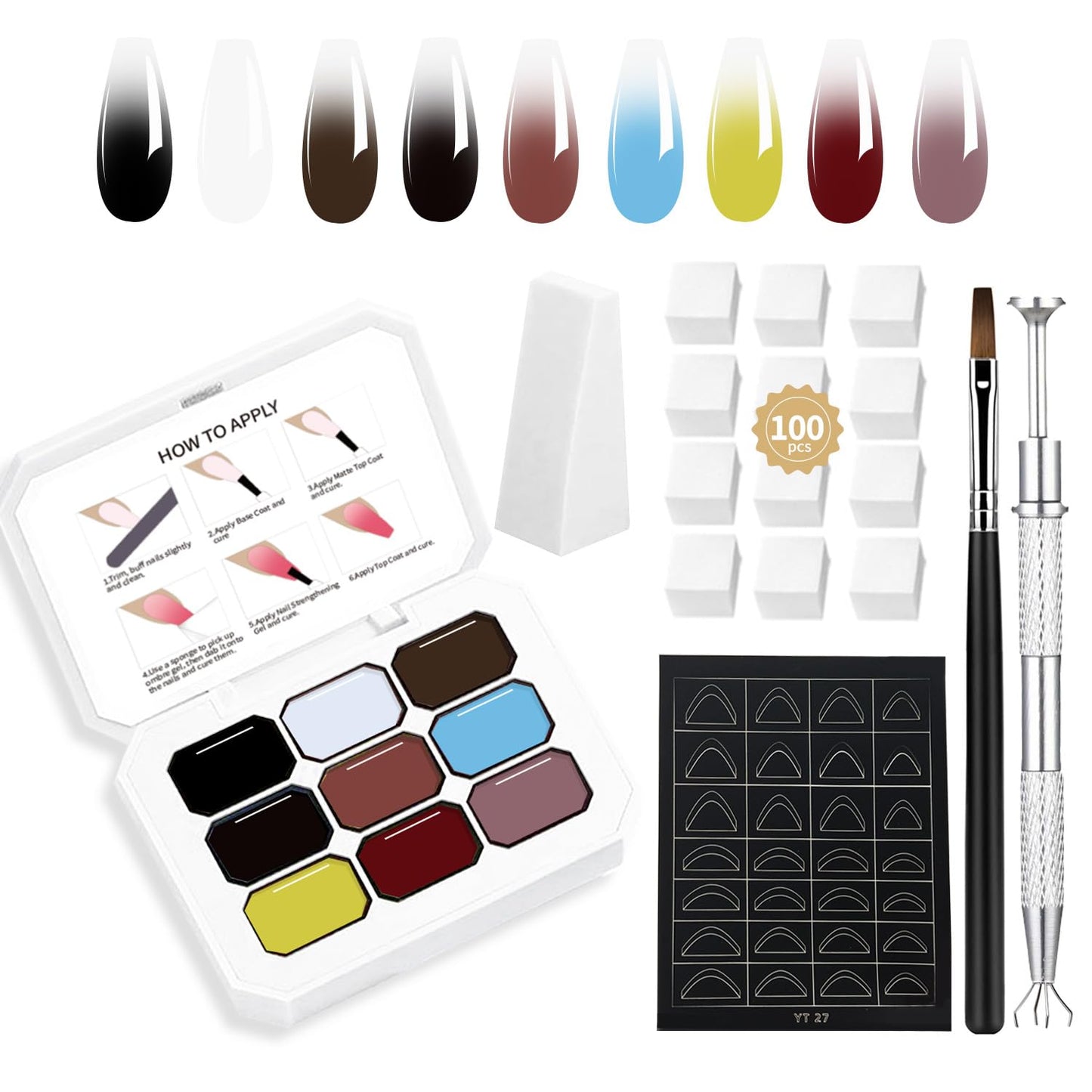 Professional Gradient Painting Gel,9 Colors Set Ombre Gel Nail Polish,Ombre Pigment Palette for Nail with 100PCS Nail Sponges & Grabbing Pen for Gel Nail Art in Salon or Home Use (8)