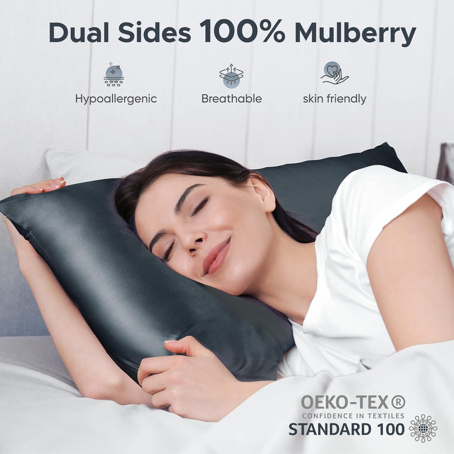 100% Pure Mulberry Silk Pillowcase for Hair and Skin - Allergen Resistant Dual Sides,600 Thread Count Silk Bed Pillow Cases with Hidden Zipper,1pc,Queen Size,Space Grey
