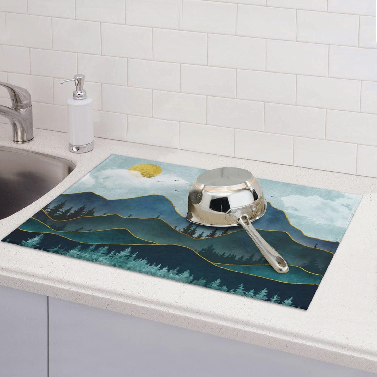 Mountain Peaks Nature Landscape Microfiber Dish Drying Mat for Kitchen Counter 18"x24" Modern Decorative Dishes Pad Dish Drainer Rack Mats Washable Absorbent Fast Dry