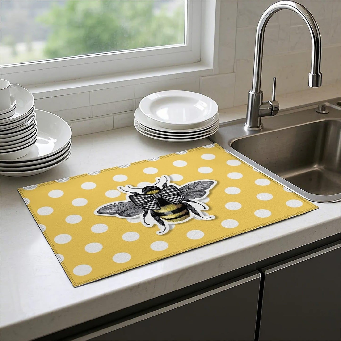 Dish Drying Mat For Kitchen Counter, Yellow Honey Bees Microfiber Absorbent Dish Drainer Rack Pad Reusable Large 18x24in Drying Mat