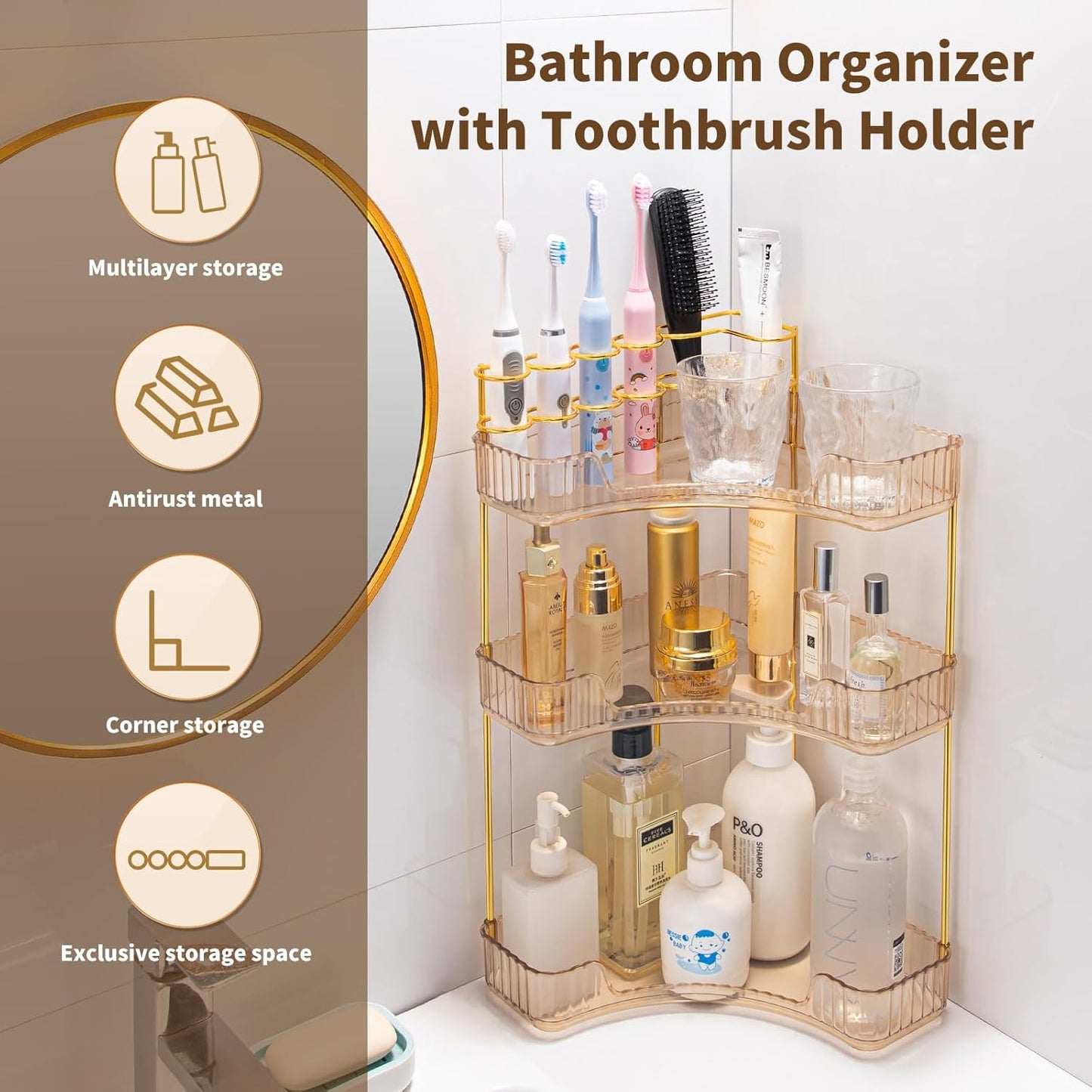 NATURE'S SOURCE Makeup Organizer for Vanity, 3-Tier Corner Bathroom Organizer Countertop with Makeup Brush Holder, Corner Counter Storage for Bathroom Dresser- Amber Gold