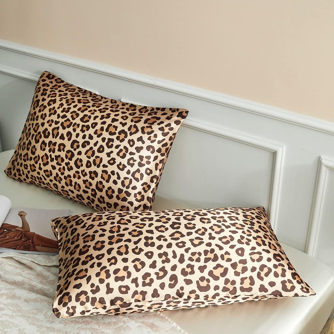 Silky Satin Toddler Pillowcases Pack of 2, 13x18 Inches Cheetah Print Travel Pillowcases with Envelope Closure, Small Kids Pillow Cases Covers, Gold Leopard