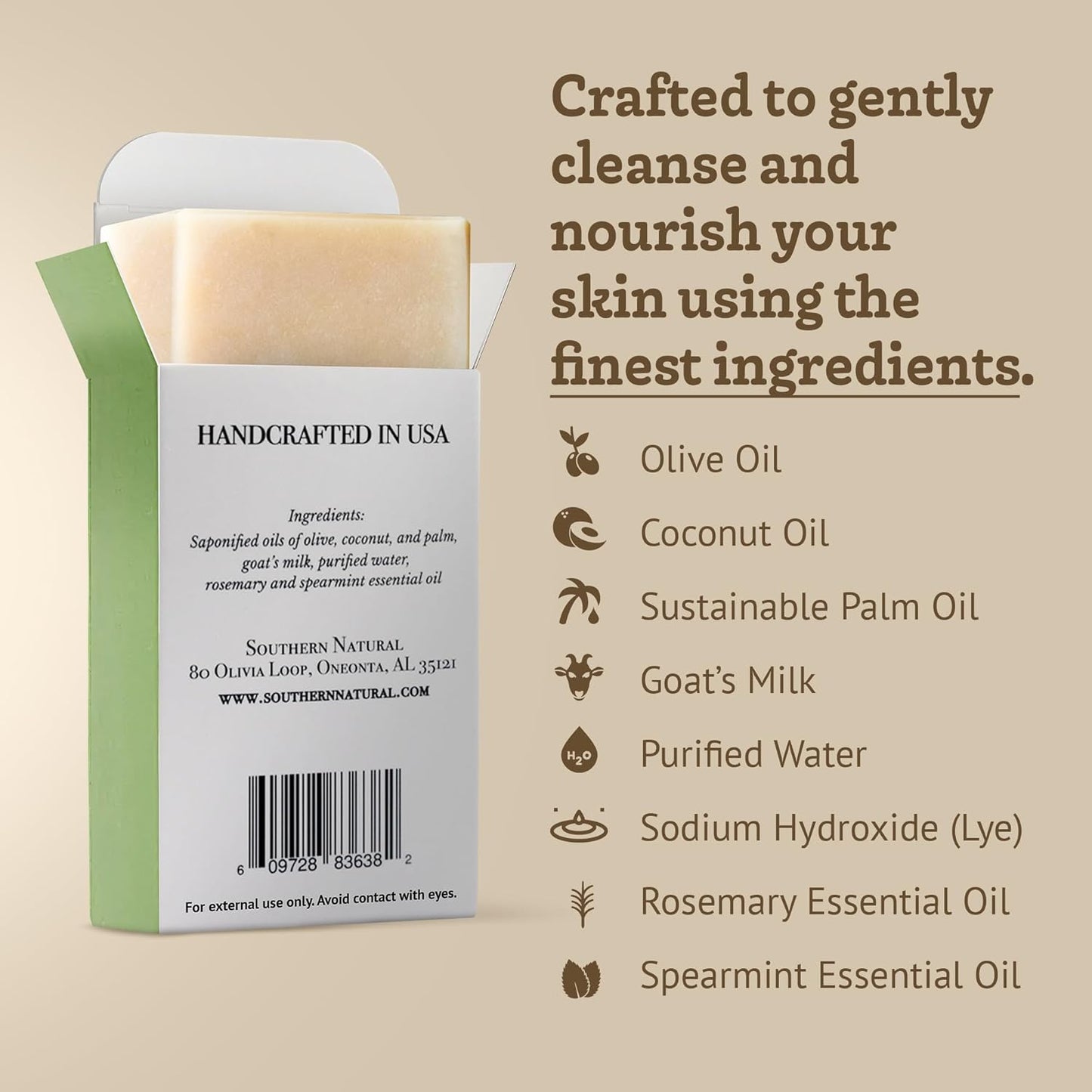 Southern Natural Goat Milk Soap Bar - 3 Pack Rosemary Mint - For Dry Sensitive Skin. Natural, Handmade Soap For Men, Women & Kids. Use On Face & Body