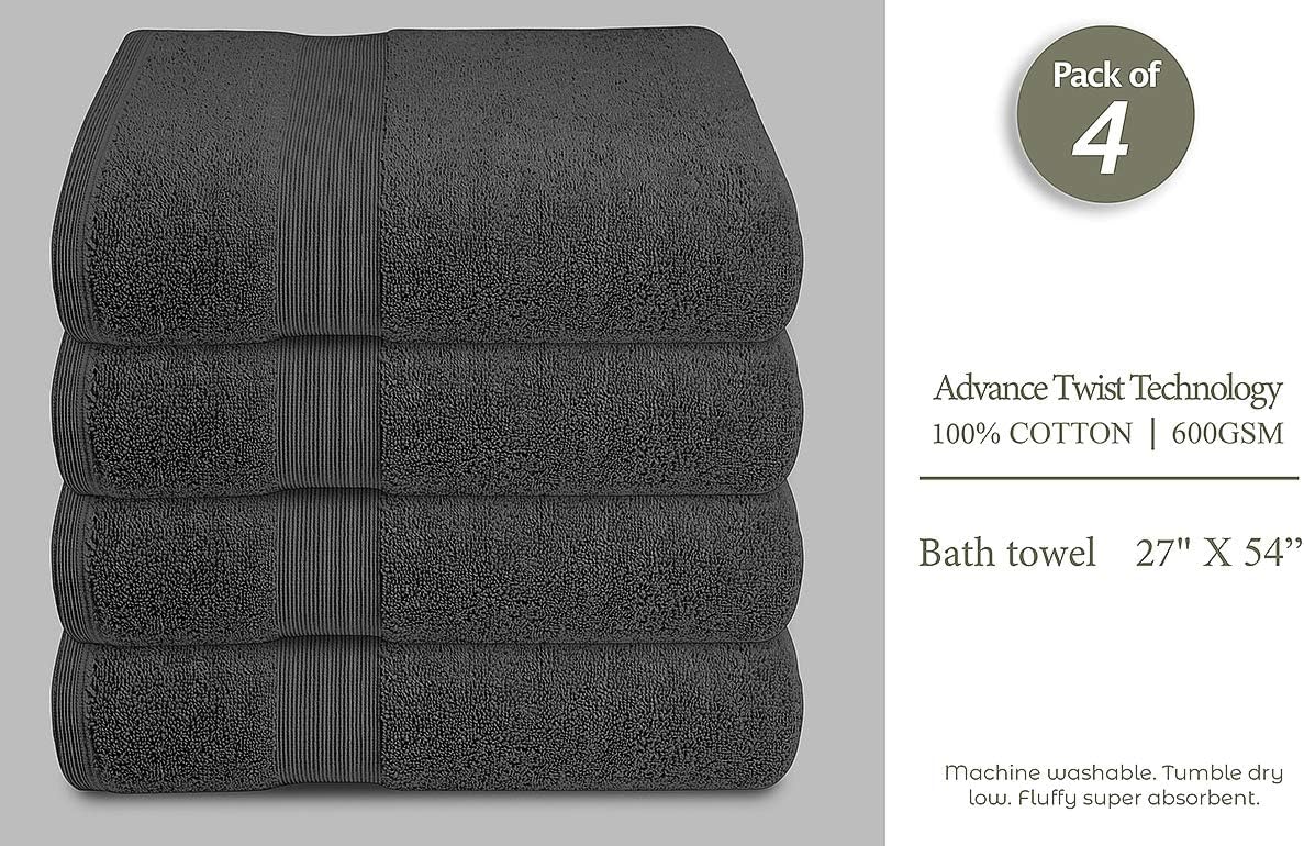Softolle Luxury Bath Towels Set of 4 (27” x 54”) | Towels for Bathroom | Super Soft | Highly Absorbent Towels for Home, Spa, Gym (Grey)