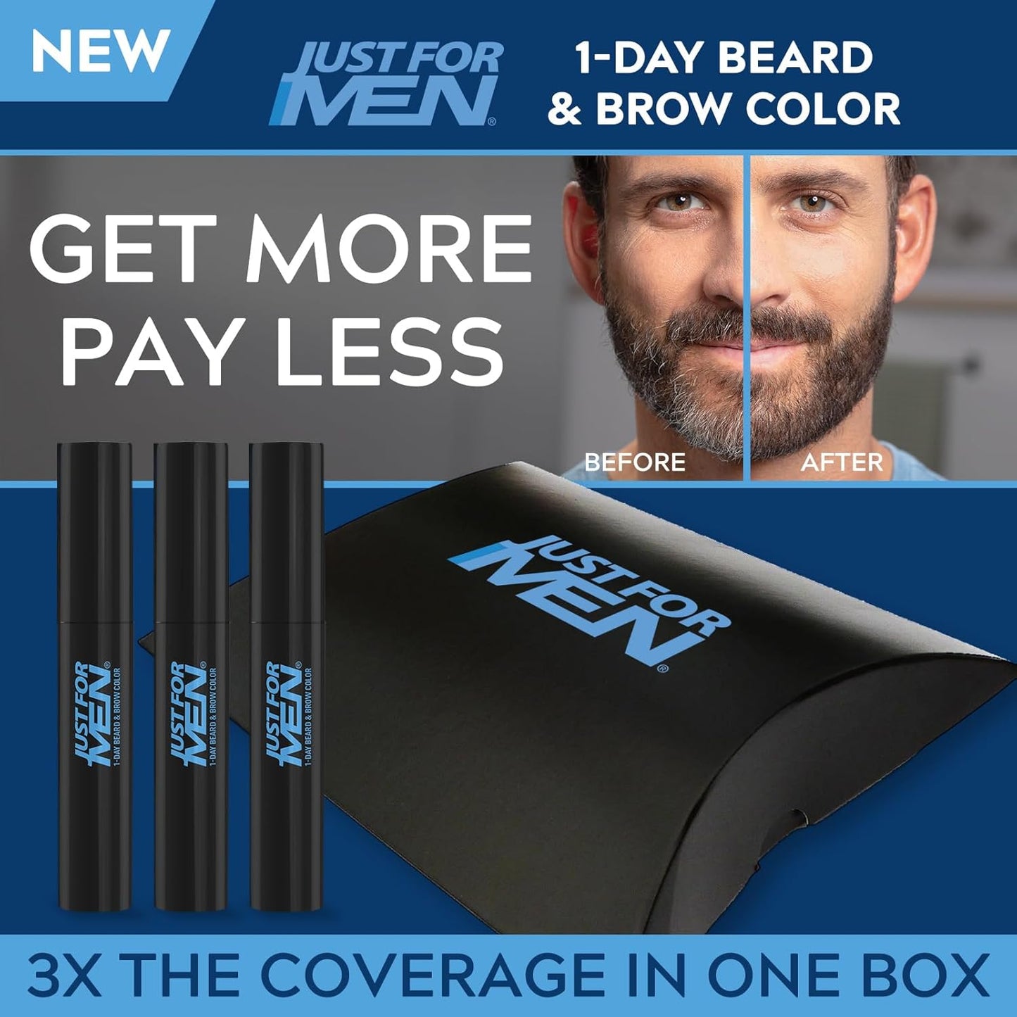 Just for Men 1-Day Beard & Brow Color, Temporary Color for Beard and Eyebrows, For a Fuller, Well-Defined Look, Up to 30 Applications, Darkest Brown/Black, Ships in Eco-Friendly Packaging (Pack of 3)