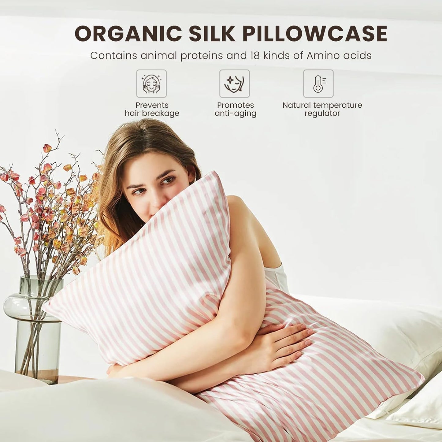 THXSILK Mulberry Silk Pillowcase for Hair and Skin Health, Grade 6A+ Mulberry Silk Pillowcase with Hidden Zipper, Soft and Breathable, 1pc (King 20"x36", Pink White Stripes)