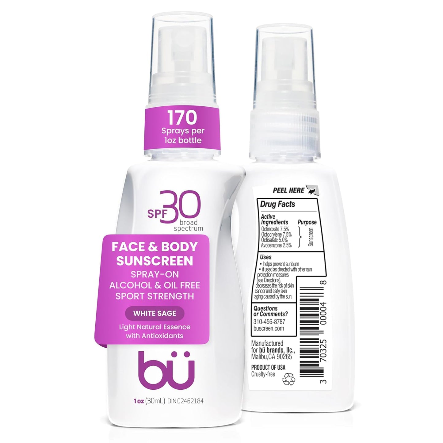 BU SPF 30 Sunscreen Spray for Face and Body, Non Aerosol Spray, TSA Travel Size Sunblock, Clear, Non Greasy, Water Resistant, White Sage 1 oz