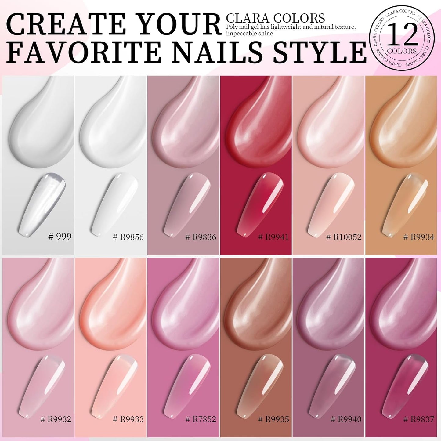 Clara Colors Poly Gel Nail Kit, 12 Colors Clear Jelly Nude Pink Poly Extension Gel Nail Kit All In One Polygel Nail Kit Starter Kit with Slip Solution and Tools for Nail Art DIY with Everything