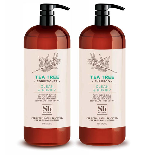 Soapbox Tea Tree Shampoo and Conditioner Set, Scalp Balancing with Tea Tree Oil, Jojoba Oil, Aloe and Shea Butter to Clean and Purify for All Hair Types, 1 Liter Each (Pack of 2)