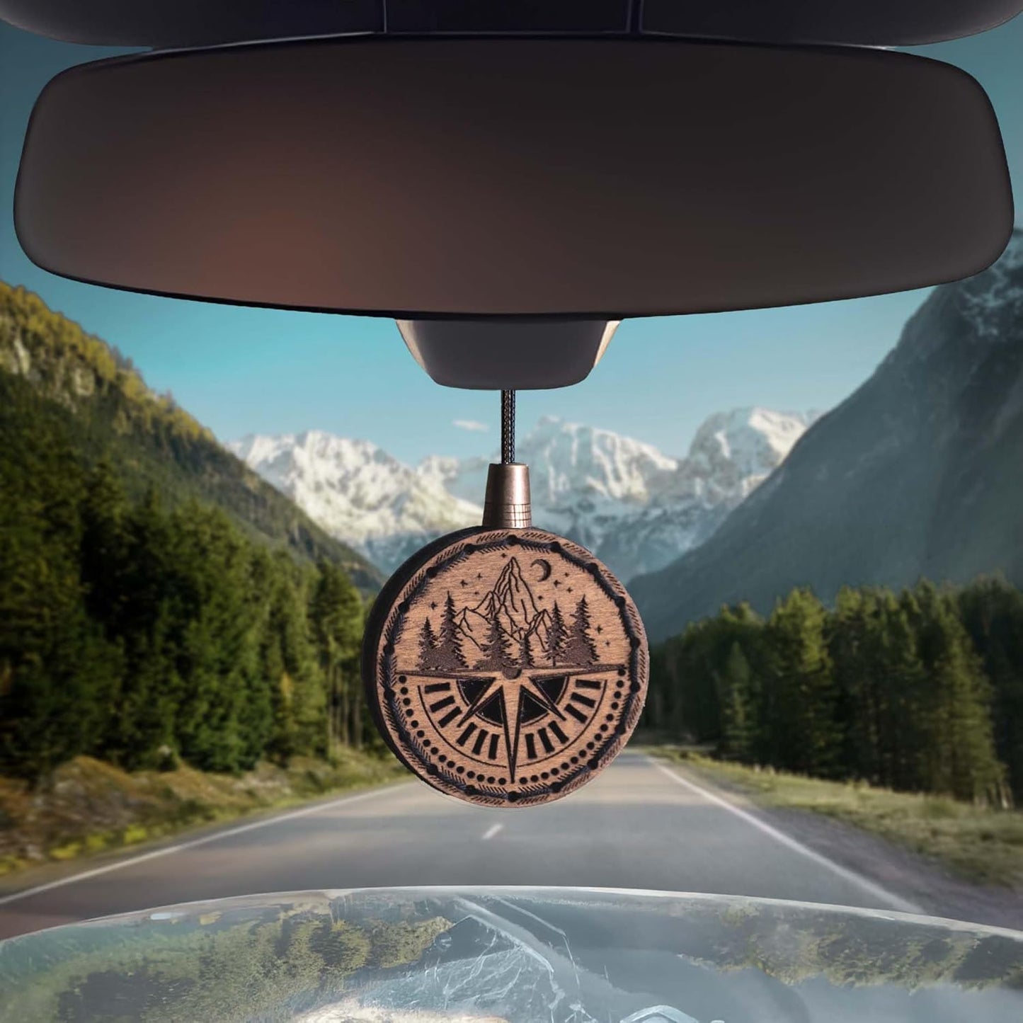 Wood Car Air Freshener — Compass Mountains — Handmade Unscented DIY Essential Oil Hanging Diffuser with Felt Insert — Add Your Own Oils — Refillable — Car/Truck/SUV — Cardboard Box