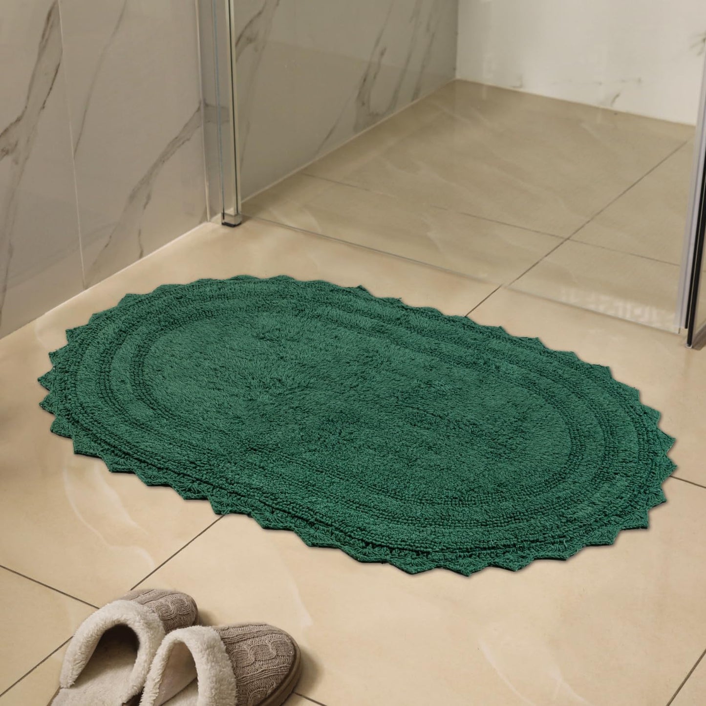 RAJRANG Foliage Green Oval Cotton Bath Mat – 34x21 Inch Reversible Crochet Bathroom Rug – Soft, Absorbent, Handmade Boho Rug for Spa, Kitchen, or Entryway