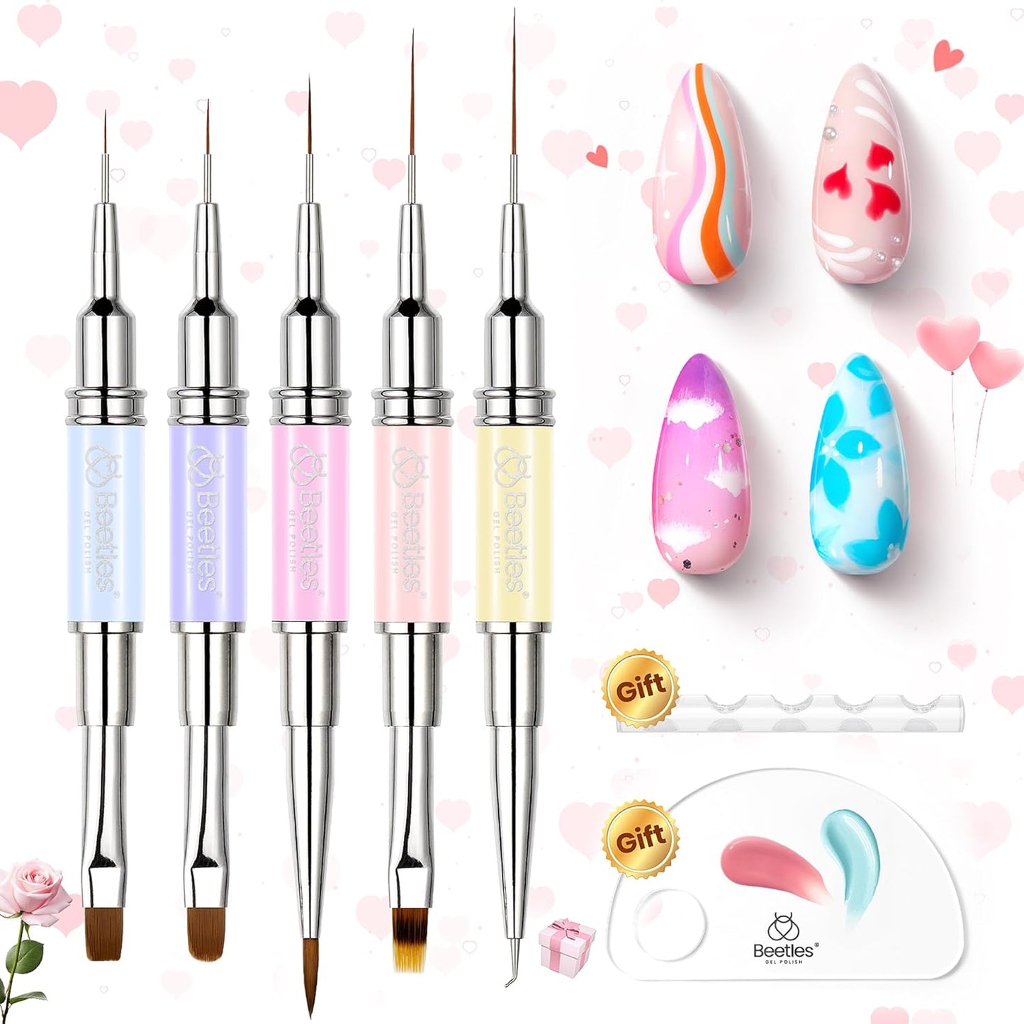 Beetles Nail Art Brushes Set 7 Pcs Double-ended Nail Art Brushes Kit Gel Polish Design Pen Liner Brush Petal Painting Brush Oval Brush Flat Brush Gradient Brush Dotting Pen Gifts for Women
