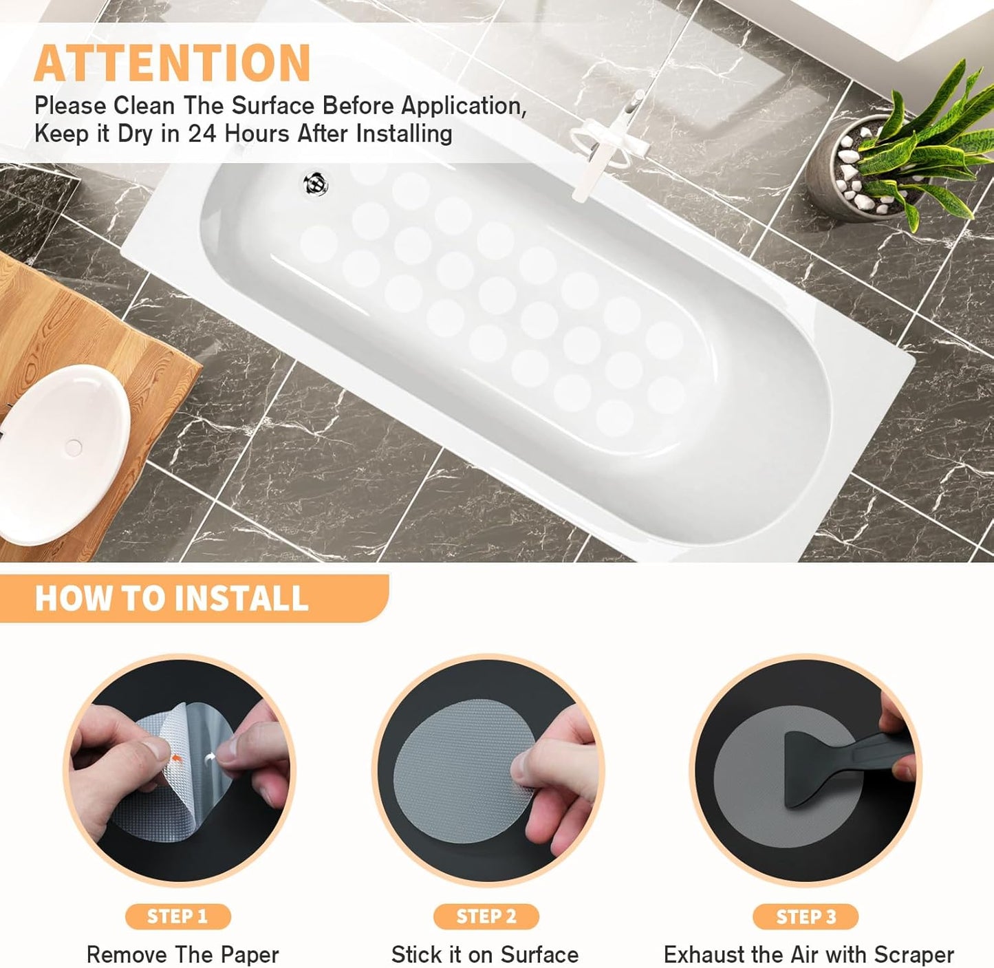 Non Slip Bathtub Stickers, 24 PCS Shower Stickers for Safety Bathroom Tubs, Bathtub Non Slip Stickers and Adhesive Decals Scraper for Bath Tub, Shower Floor, Stairs, Ladders(Round Shape, Clear)