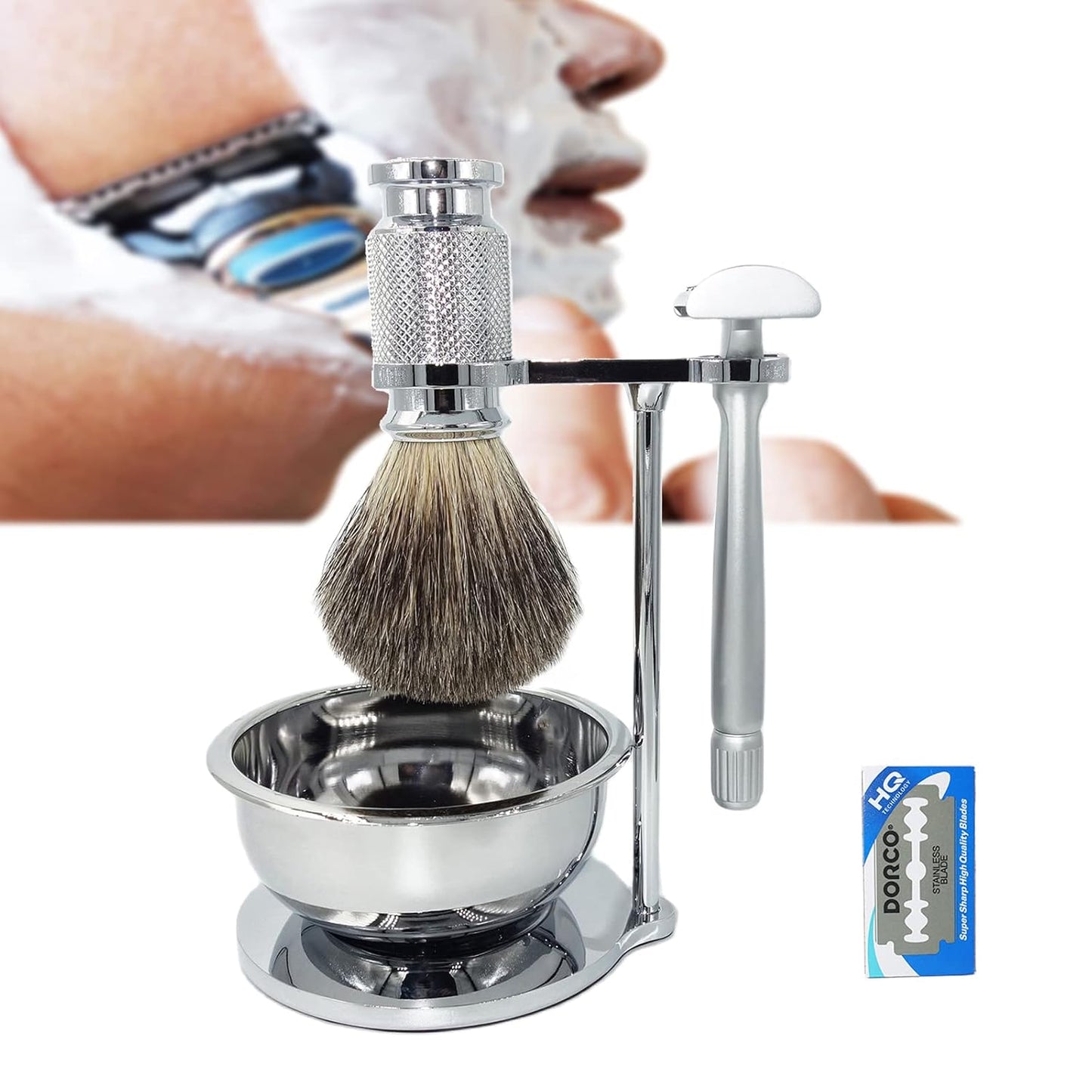 Men's Shave Kit,New Butterfly Open Design Double Edge Safety Razor,10 Razor Blade Refills,Soft Pure Badger Hair Brush,Shaving Stand and Lather Bowl,UniqueGift for Father Husband Boyfriend