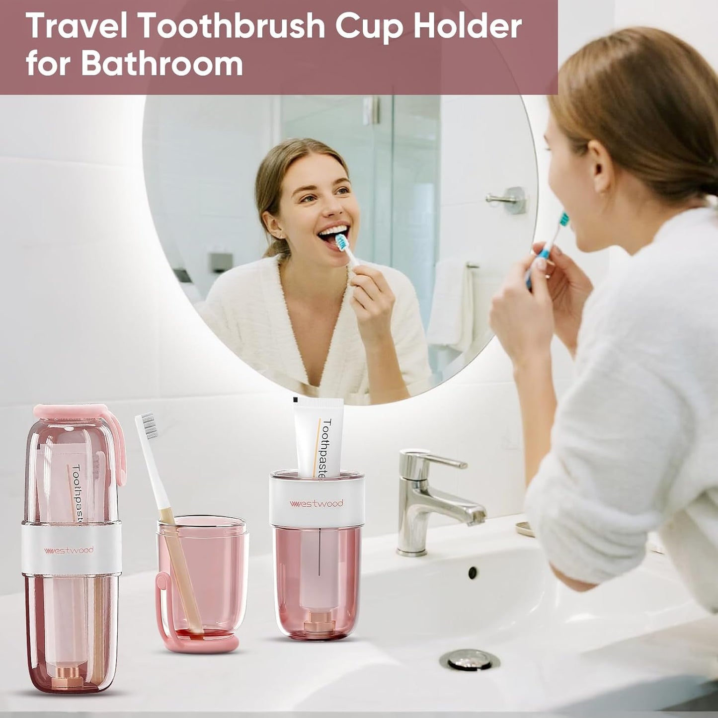 Westwood Travel Toothbrush Case Travel Toothbrush Holder with Cup, Large Toothbrush Container for Toothbrush Toothpaste Razor, Portable Toothbrush Holder with Cover for Home Business School (Pink)