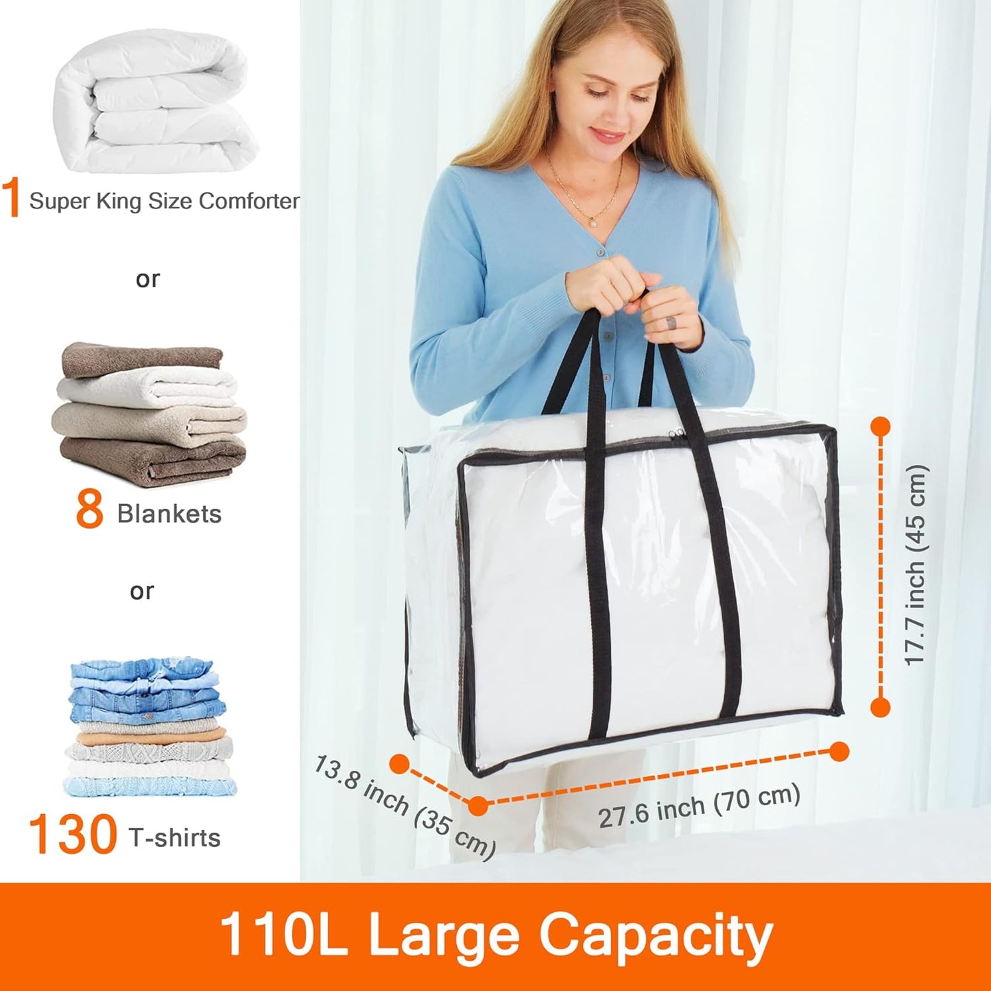 Vieshful 3 Pack Clear Storage Bags 110L Over-Sized Clothes Bags with Double Zippers Sturdy Handles Tote Moving Bags for Duvet, Comforters and Blankets Organizer
