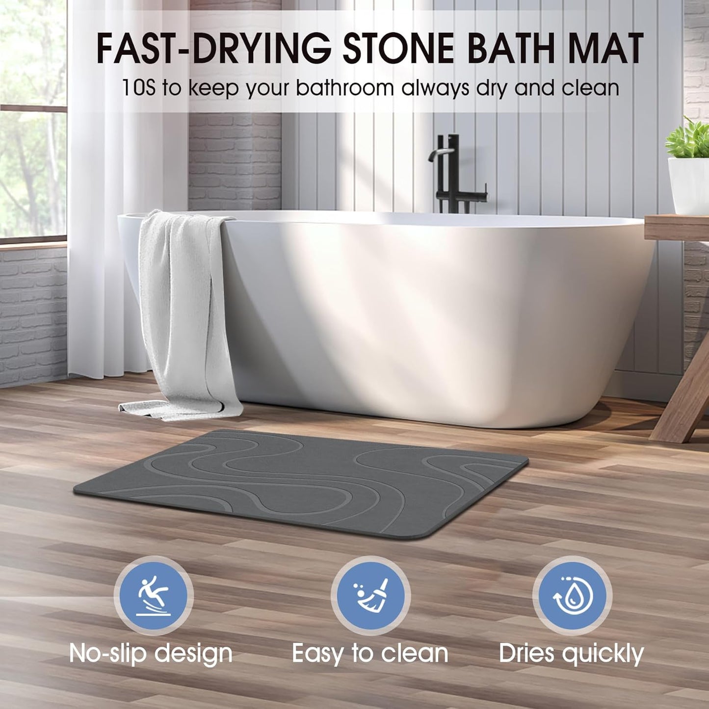 Stone Bath Mat Diatomaceous Earth Shower Mat Non-Slip Super Absorbent Diatomite Stone Bath Mats for Bathroom Floor Quick Drying Natural Easy to Clean