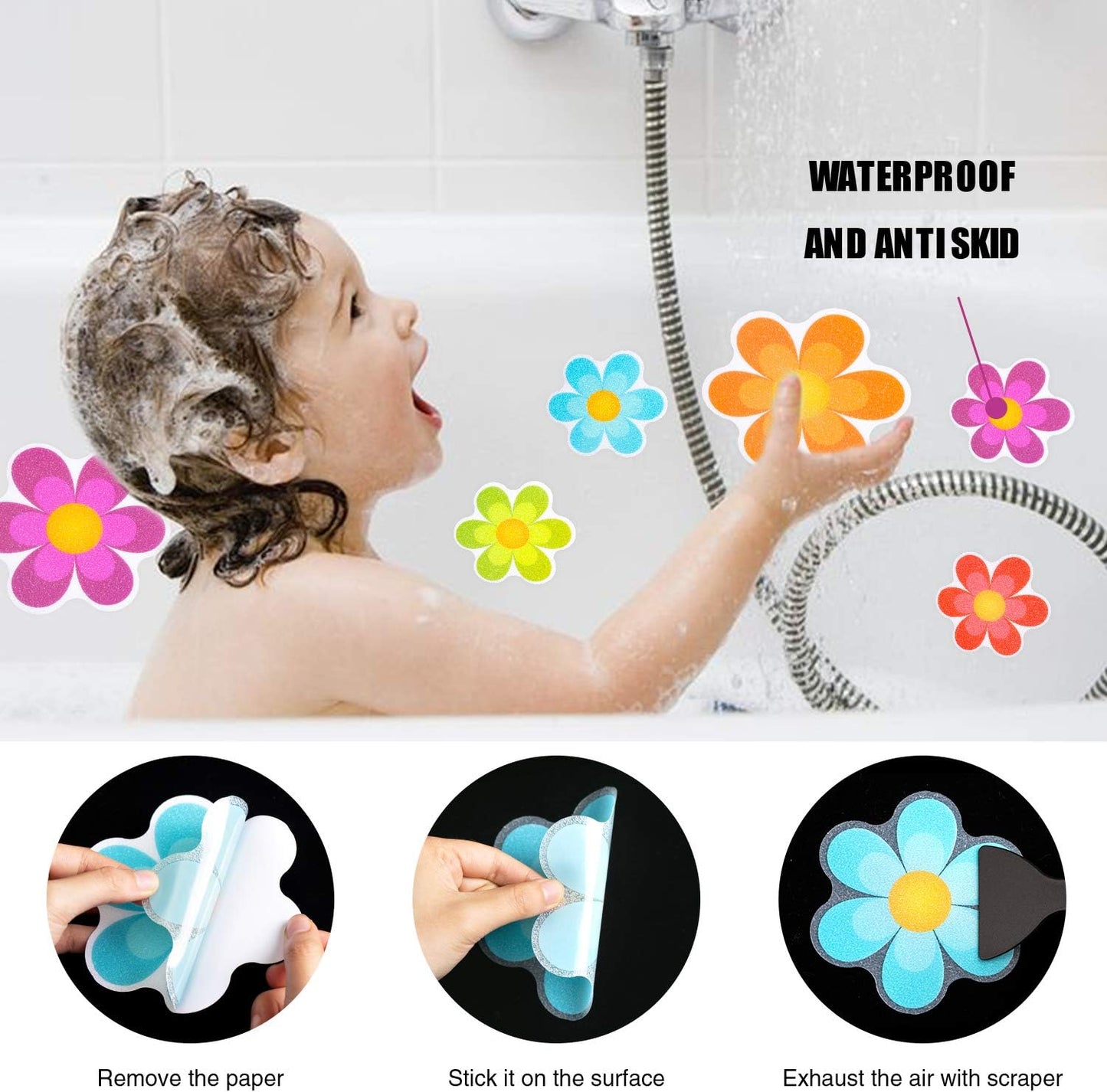 Original Bathtub Stickers Non-Slip, Safety Shower Treads Adhesive Bright Flowers Appliques with Premium Scraper