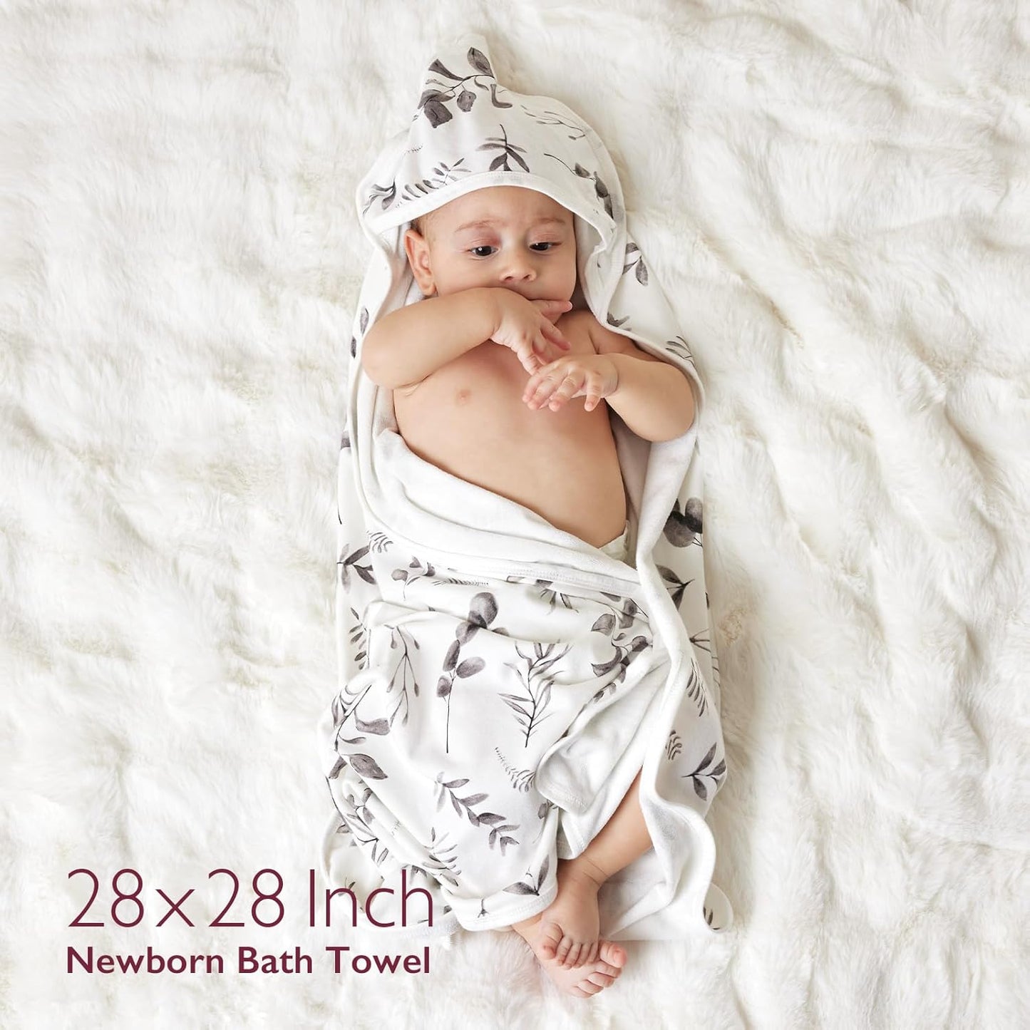 Momcozy Baby Hooded Towel-Made from Cotton, Suitable for Newborn Shower Gifts, 2 Count (Pack of 1), 28 X 28 Inch, Ink Wash Leaves