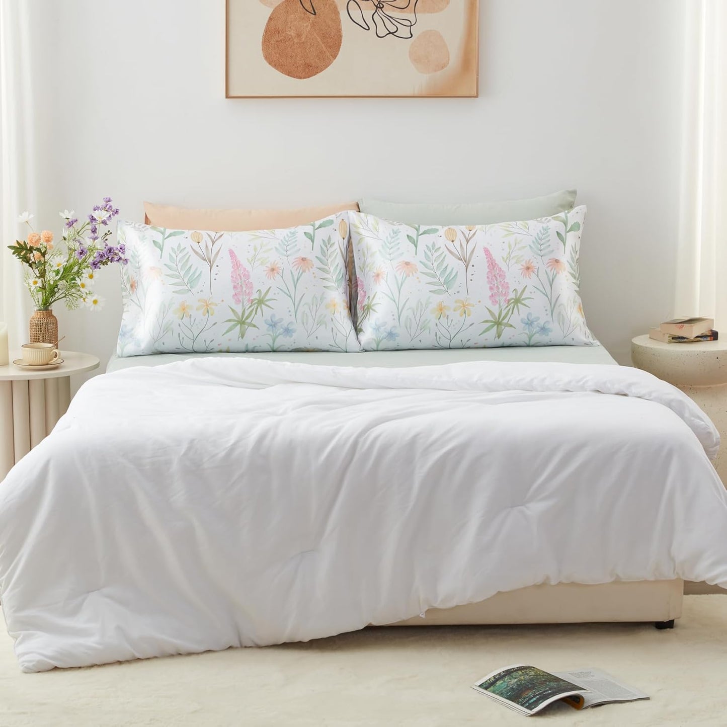 EXQ Home Satin Pillowcase for Hair and Skin- Multicolor Printed Flower Silk Pillowcase 2 Pack 20x36 inches - King Size Pillow Cases with Envelope Closure, Gifts for Women