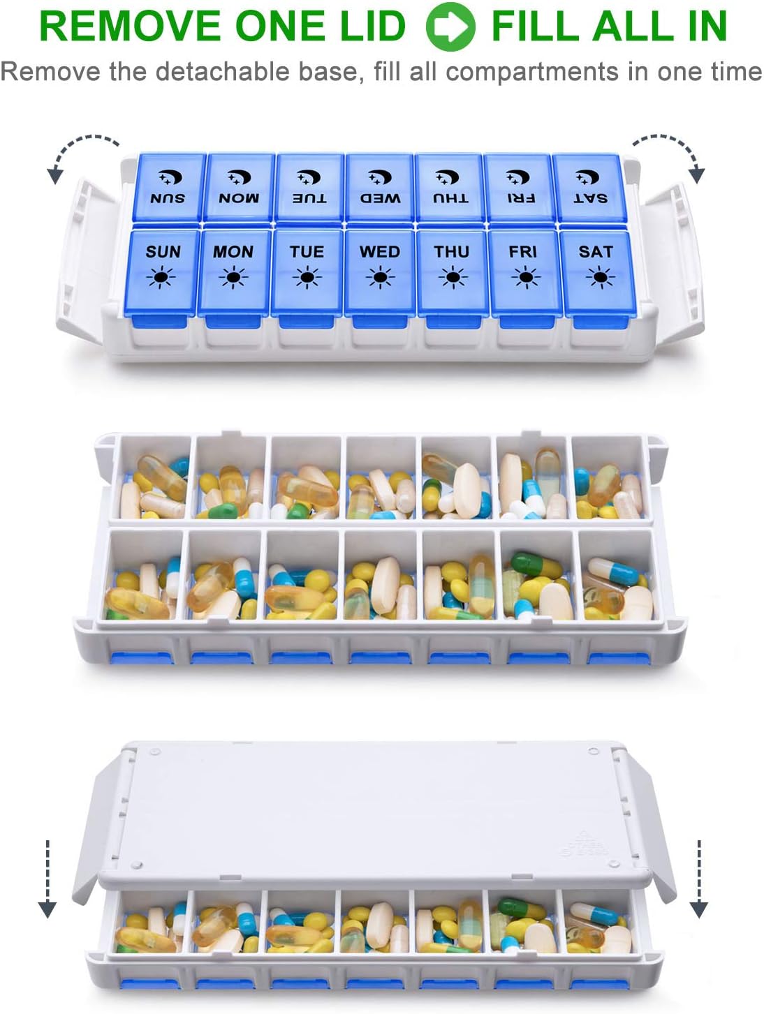 Weekly Pill Organizer 7 Day 2 Times a Day Extra Large, Quick Fill 2020 Fullicon AM PM XL Daily Pill Cases Pill Box with Detachable Base - White/Blue (Patent Registered)