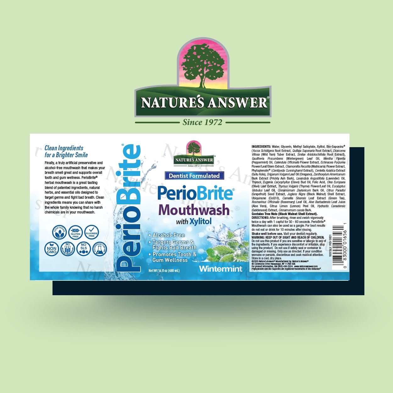 Nature's Answer Periobrite Alcohol-Free Mouthwash, Wintermint, 16 Ounce (2 Pack) | Fluoride Free | Natural Breath Freshener | Stain Remover | Natural Teeth Whitener