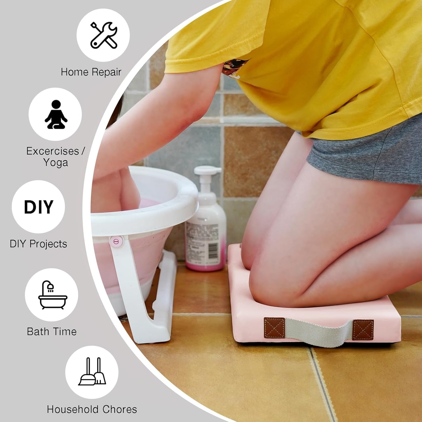 HappyPicnic Waterproof Kneeling Pad for Garden or Bath, 2 inch Thick Soft Foam Kneeler Mat for Gardeners Knee Support or Bathtub Bathing with Handle and Removable Cover - Pink