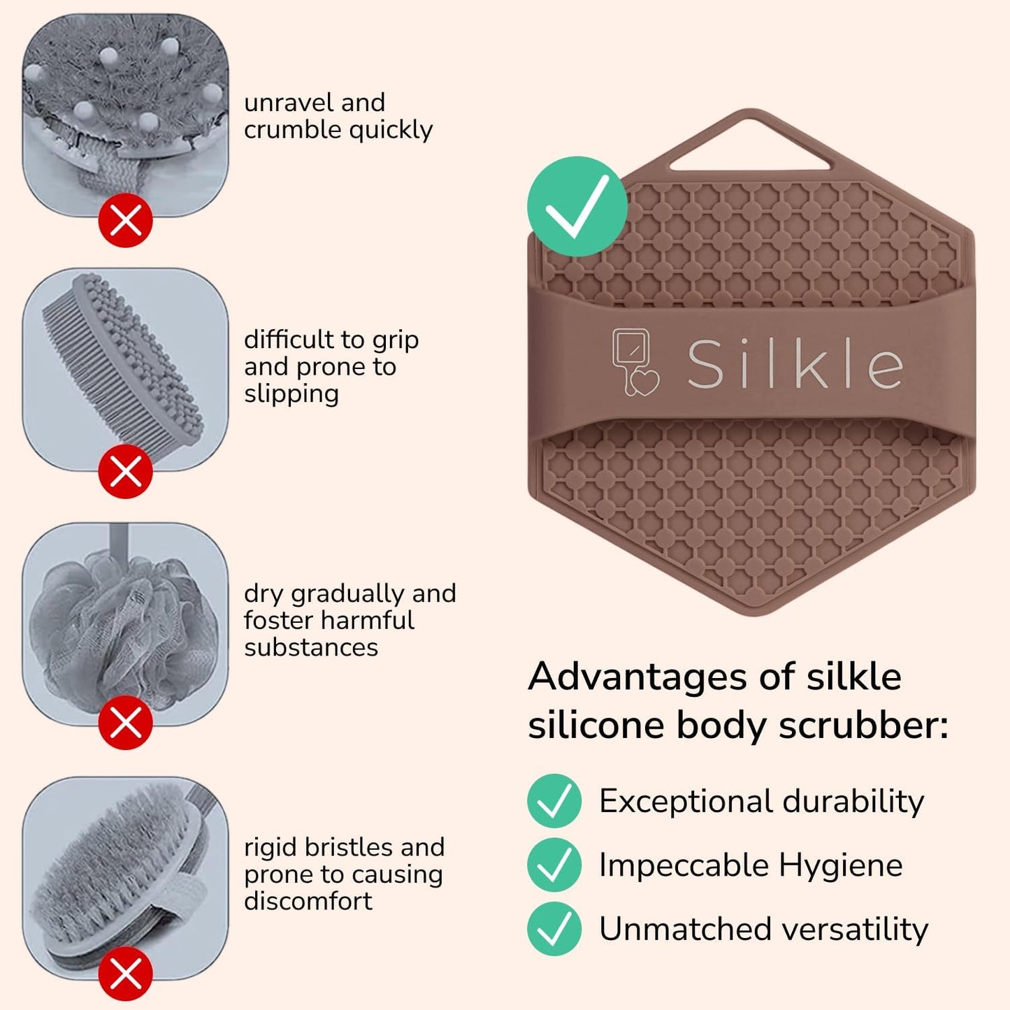 Silicone Body Scrubber - Exfoliating Bath Brush and Skin Cleanser - Shower Sponge for Gentle Body Scrub and Wash - Silicone Scrubbing Care Tool for a Refreshed and Renewed You - Brown