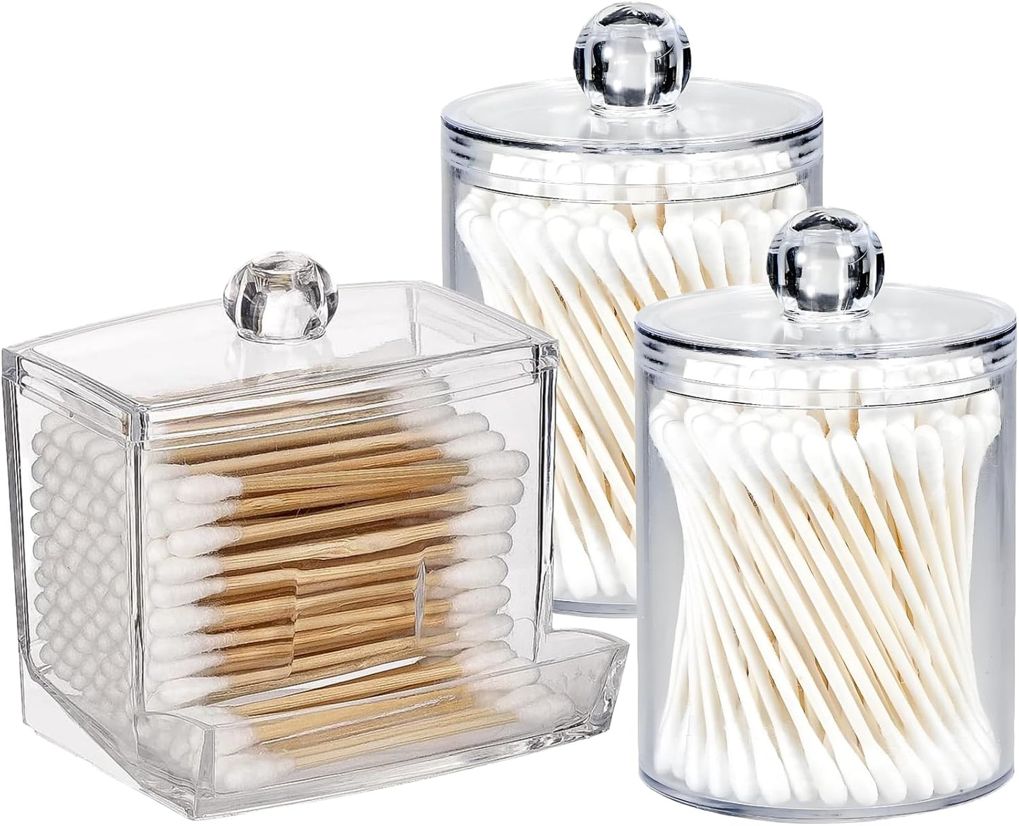 AXX Qtip Dispenser Apothecary Jars Bathroom - Qtip Holder Storage Canister Clear Plastic Jar for Cotton Swab,Q-Tips,Cotton Rounds (C#Clear 3Pcs)