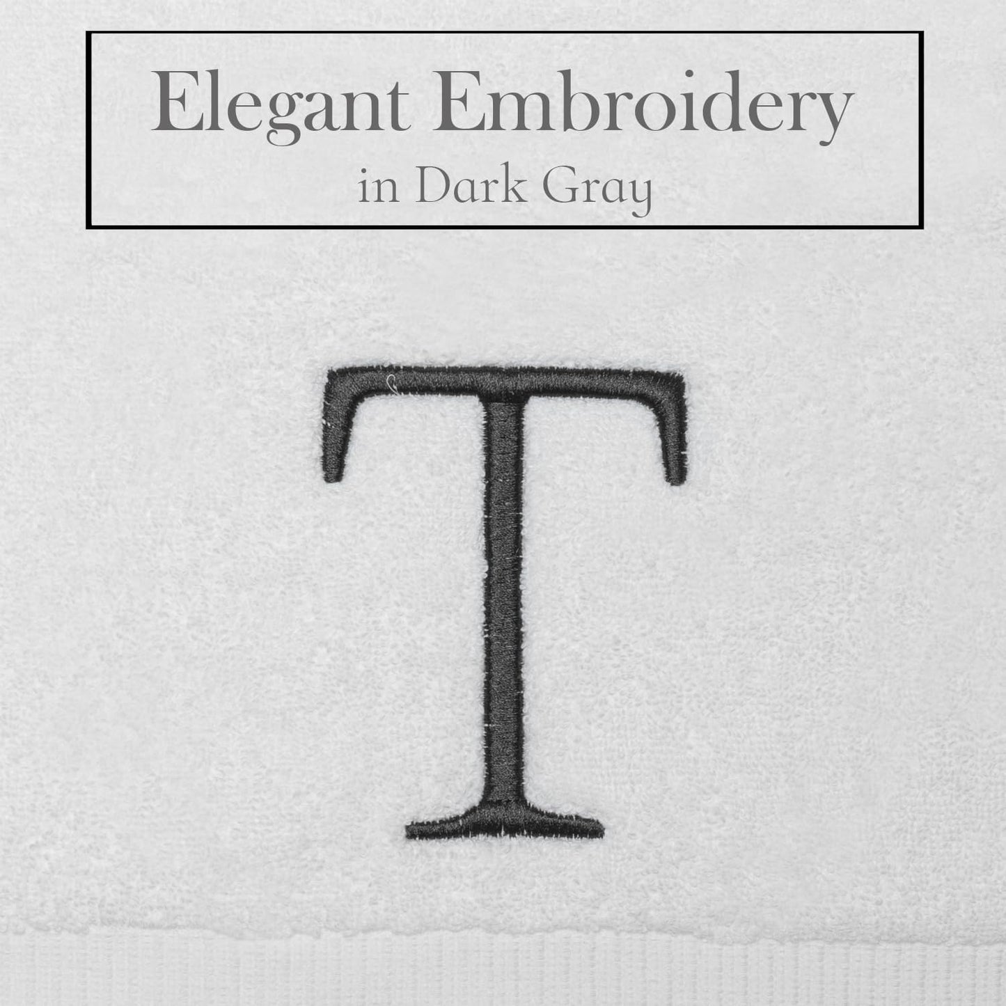 Dark Gray and White Bathroom Hand Towel - Monogrammed Luxury Hotel Quality Decorative Embroidered Towel for Powder Room, Spa - GOTS Organic Certified - Pack of 2, Letter T
