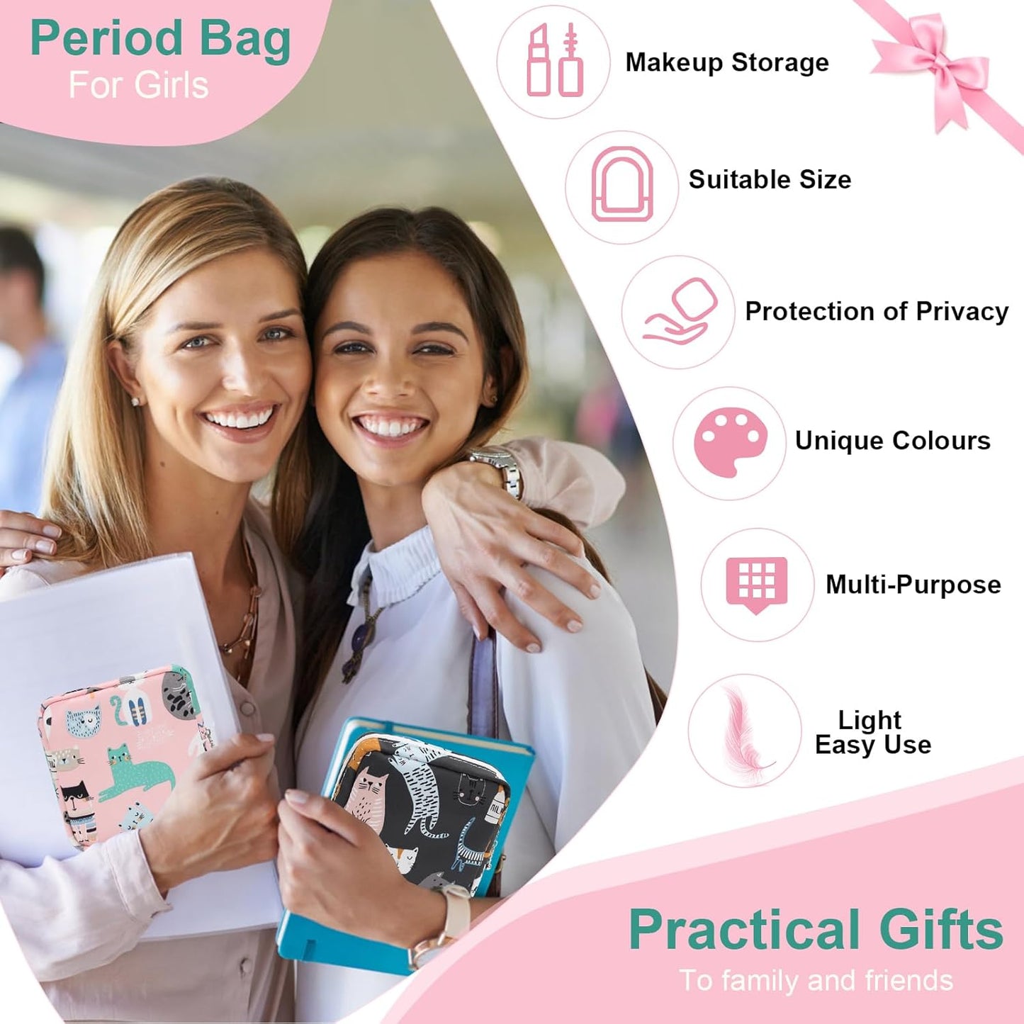 Desing Wish Sanitary Pad Storage Bag Portable Period Bag for Teen Pads/Sanitary Napkins/Small Tampons, Sanitary Napkin Storage Bag First Period Gifts for Teen Girls (Bowknot Bear)