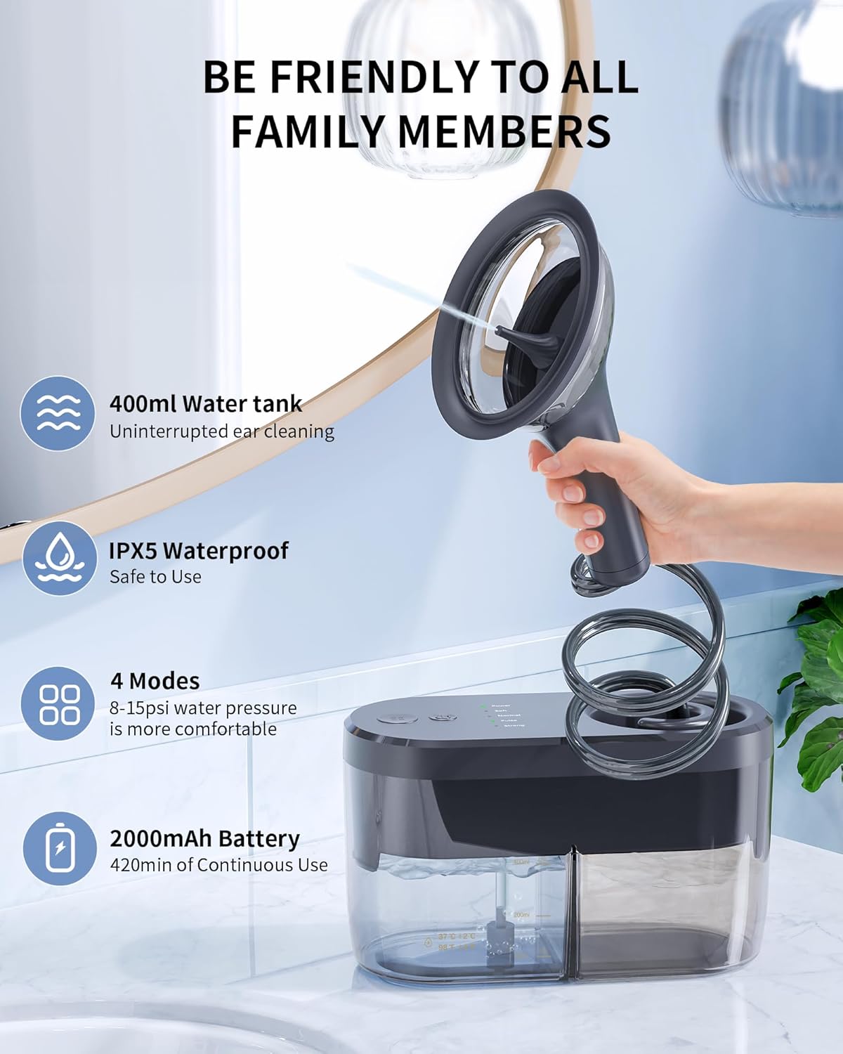 Water Powered Ear Cleaner, Electric Ear Wax Removal Kit, Ear Irrigation Kit with Sewage System and 4 Clean Mode, Safe and Effective Ear Flushing Kit for Adults with 3 Ear Tips - Black