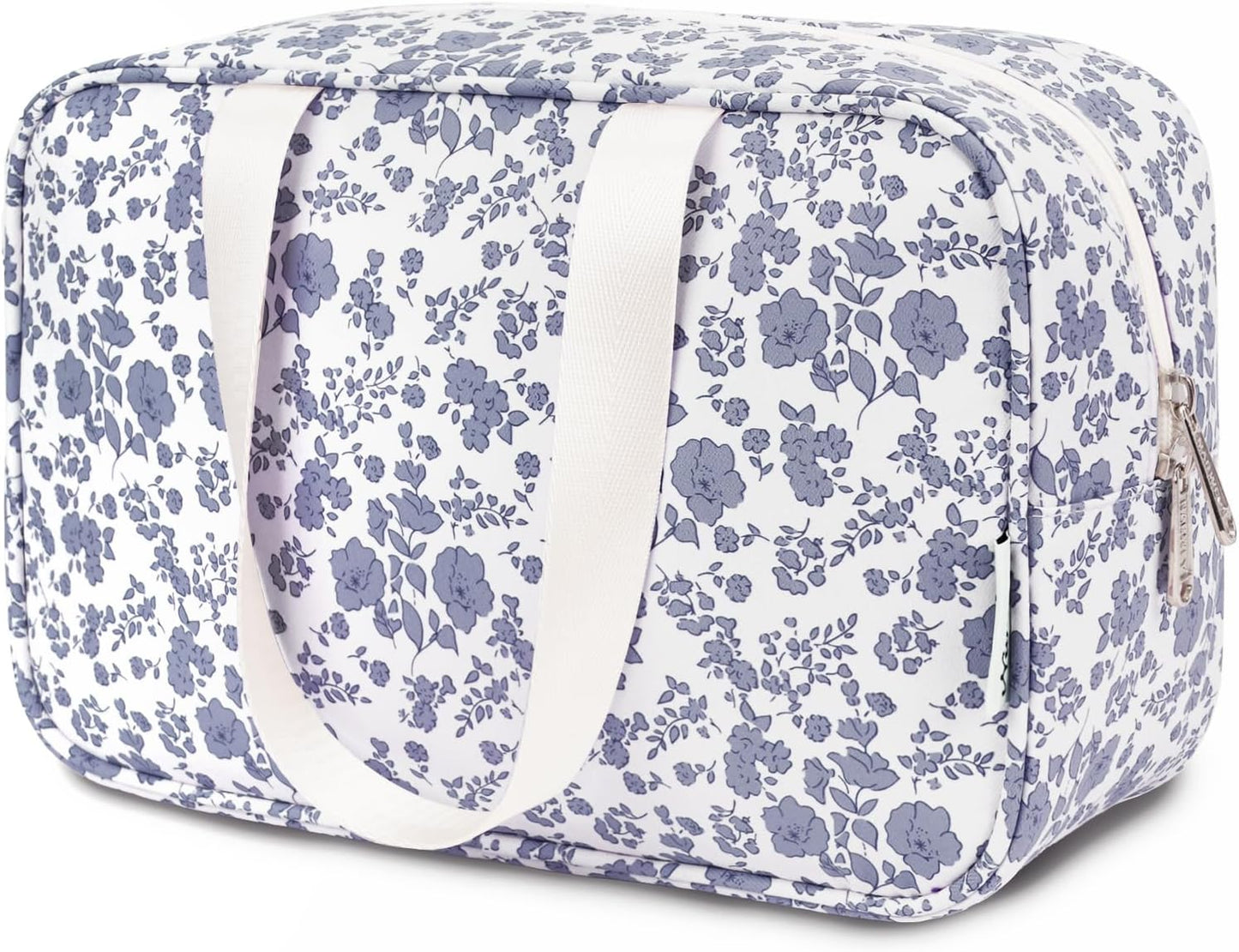 Narwey Full Size Toiletry Bag Women Large Cosmetic Bag Travel Makeup Bag Organizer Medicine Bag for Toiletries Essentials Accessories (Little Grayish Blue Flower, Large)