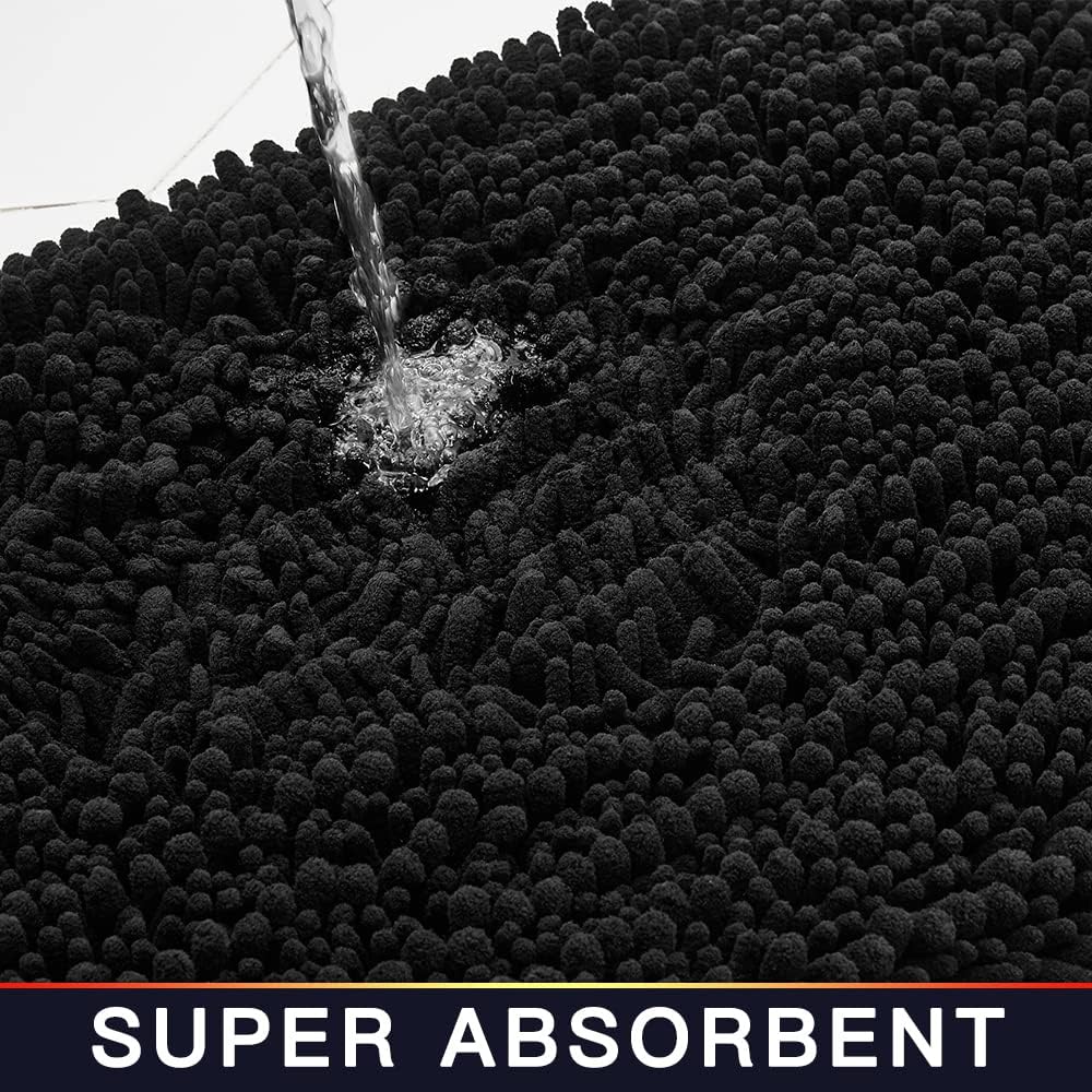 Walensee Bathroom Rug Non Slip Bath Mat (24x17 Inch Black) Water Absorbent Super Soft Shaggy Chenille Machine Washable Dry Extra Thick Perfect Absorbant Best Small Plush Carpet for Shower Floor