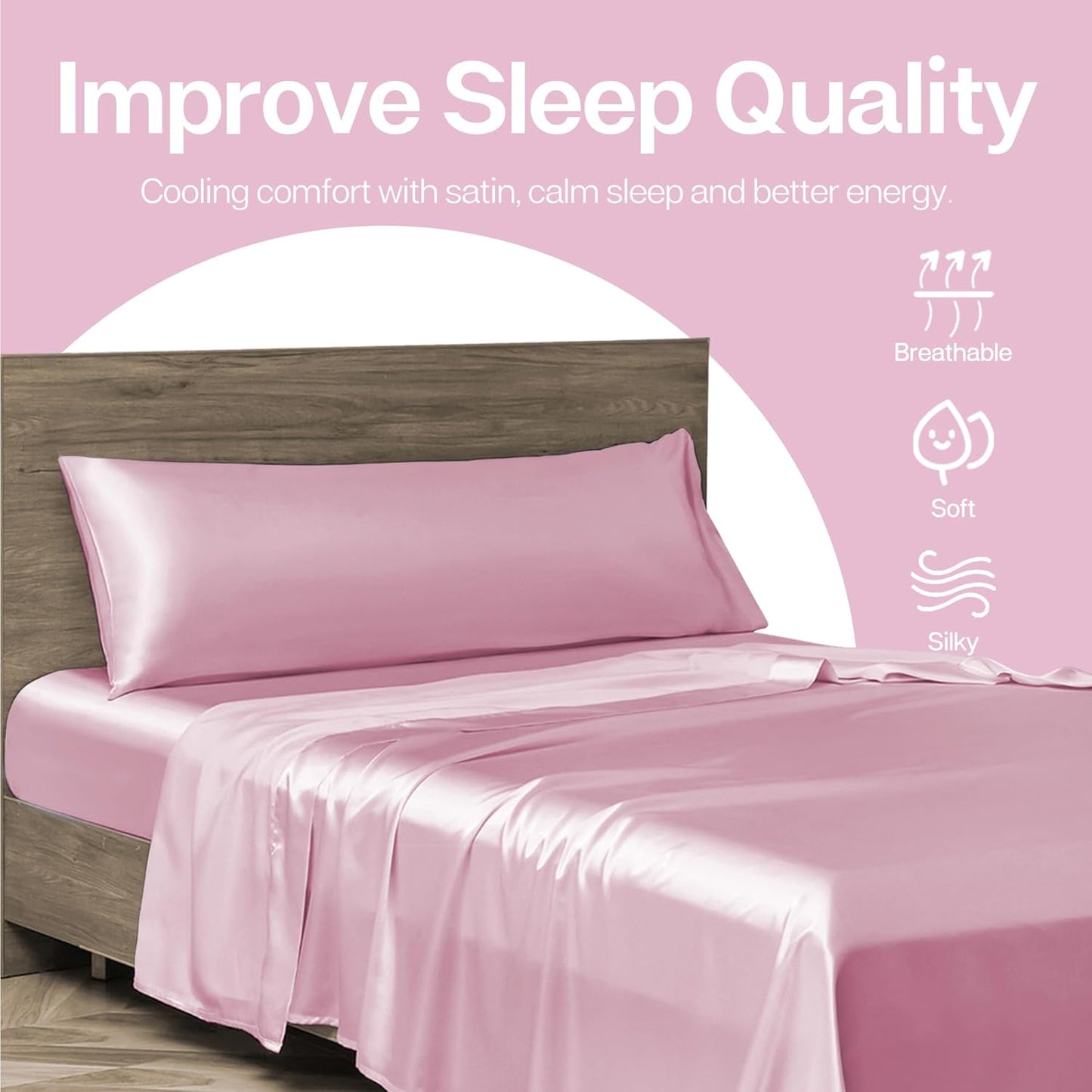 MR&HM Satin Body Pillow Cover, Soft and Breathable Body Pillow Case with Envelope Closure, Cooling and Silky Long Pillowcase for Hair and Skin,Grey (20x54, Pink)