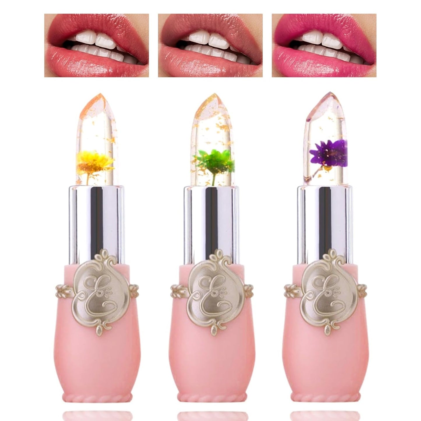 3 Pack Crystal Flower Jelly Lipstick,Magic Color Changing Lipstick,PH Clear Temperature Color Changing Lip Gloss,Lip Balm,Long Lasting Nourishing Moisturizing Lip Stick Set E